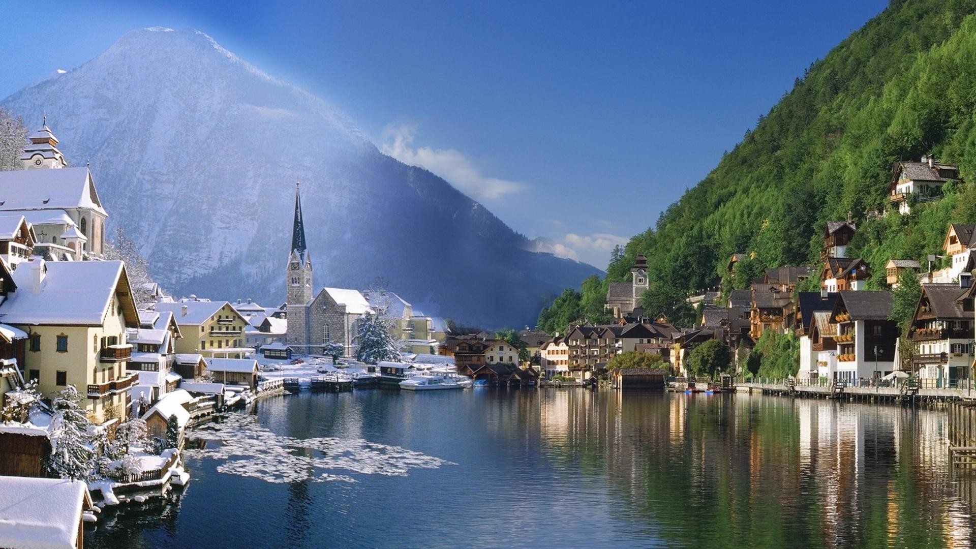 Hallstatt Town with Snow and Green Mountains HD Wallpaper