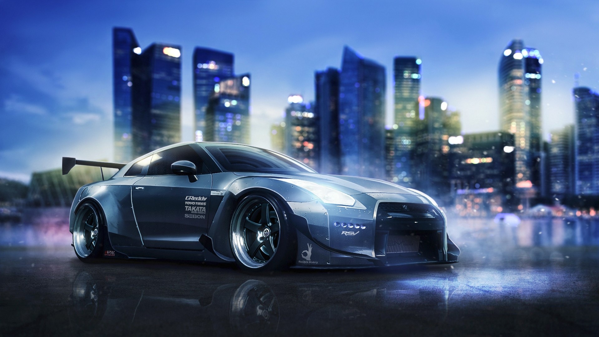 Nissan GT-R with racing modifications in a city at night HD Wallpaper