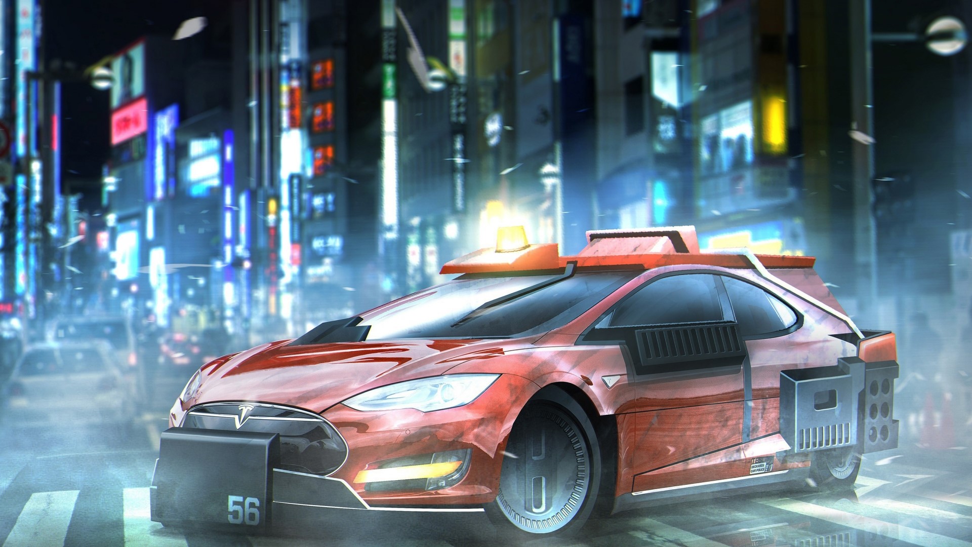 Red Tesla Model S taxi in a futuristic city at night HD Wallpaper
