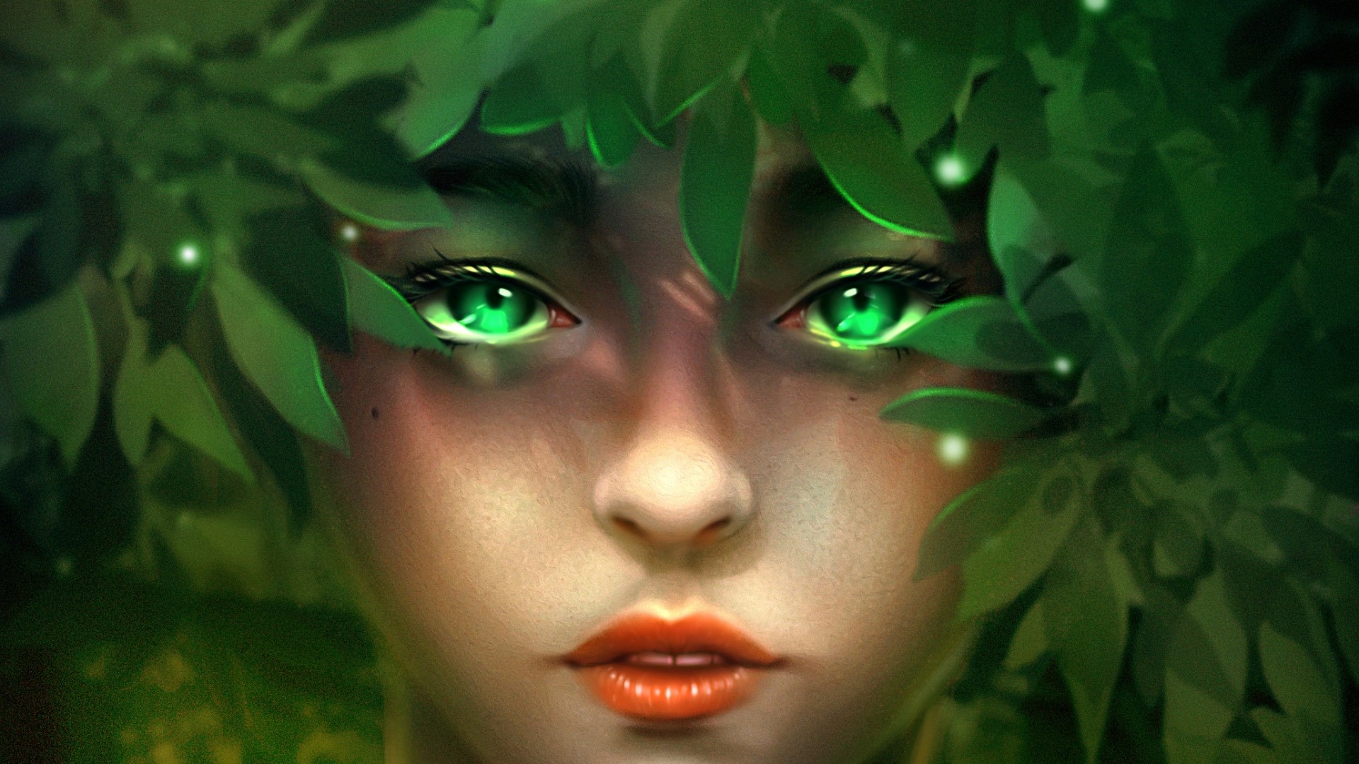 Woman with green eyes surrounded by leaves HD Wallpaper