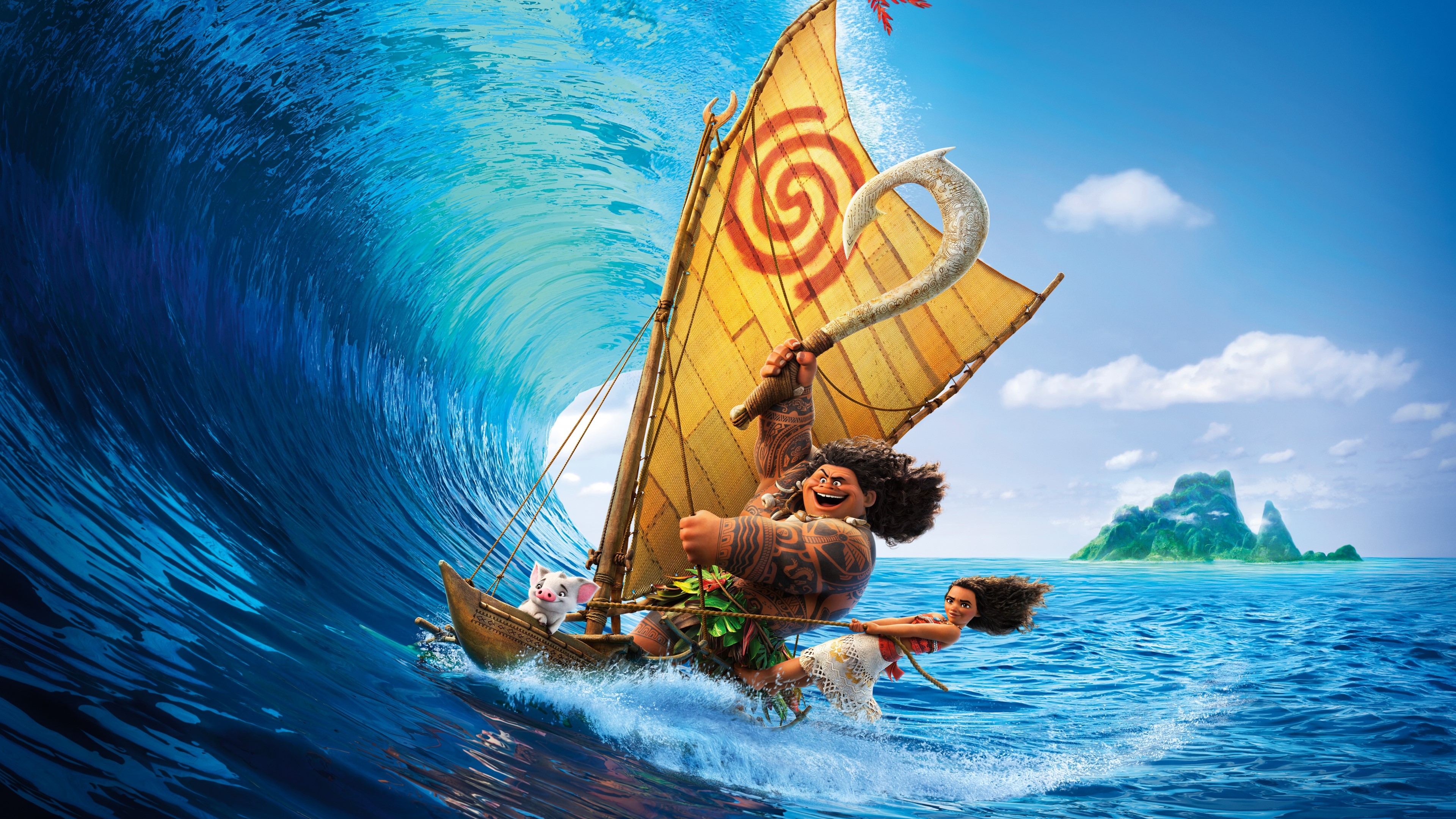 4K Moana Maui and Vaiana sailing on a boat HD Wallpaper