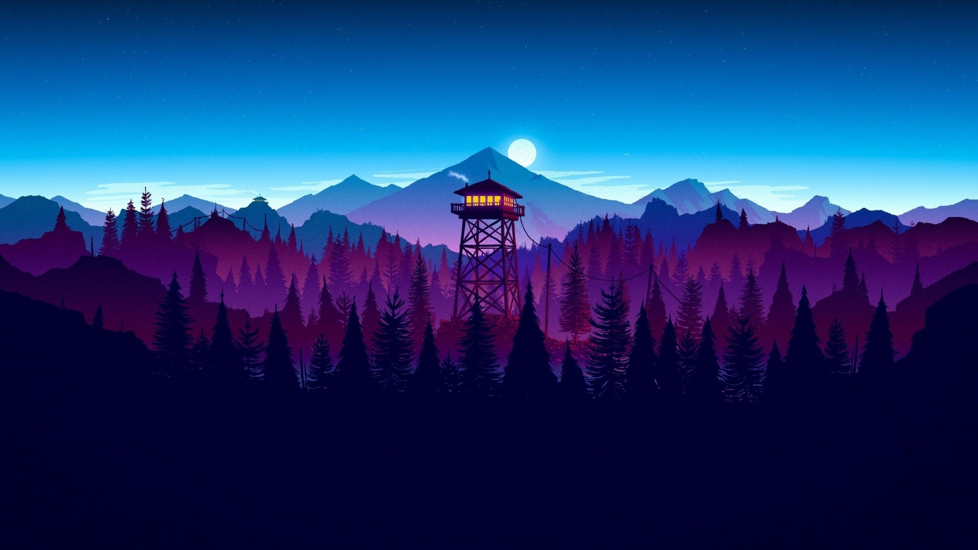 Firewatch tower in a purple forest at night HD Wallpaper