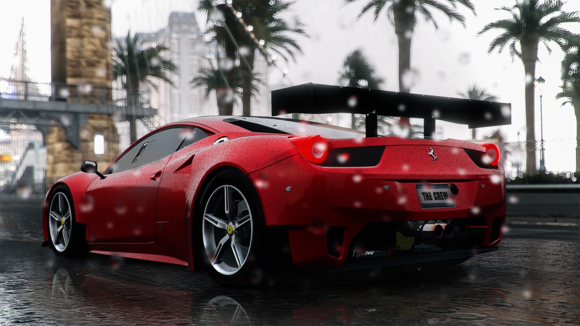 Red Ferrari 458 Italia from The Crew in rain HD Wallpaper