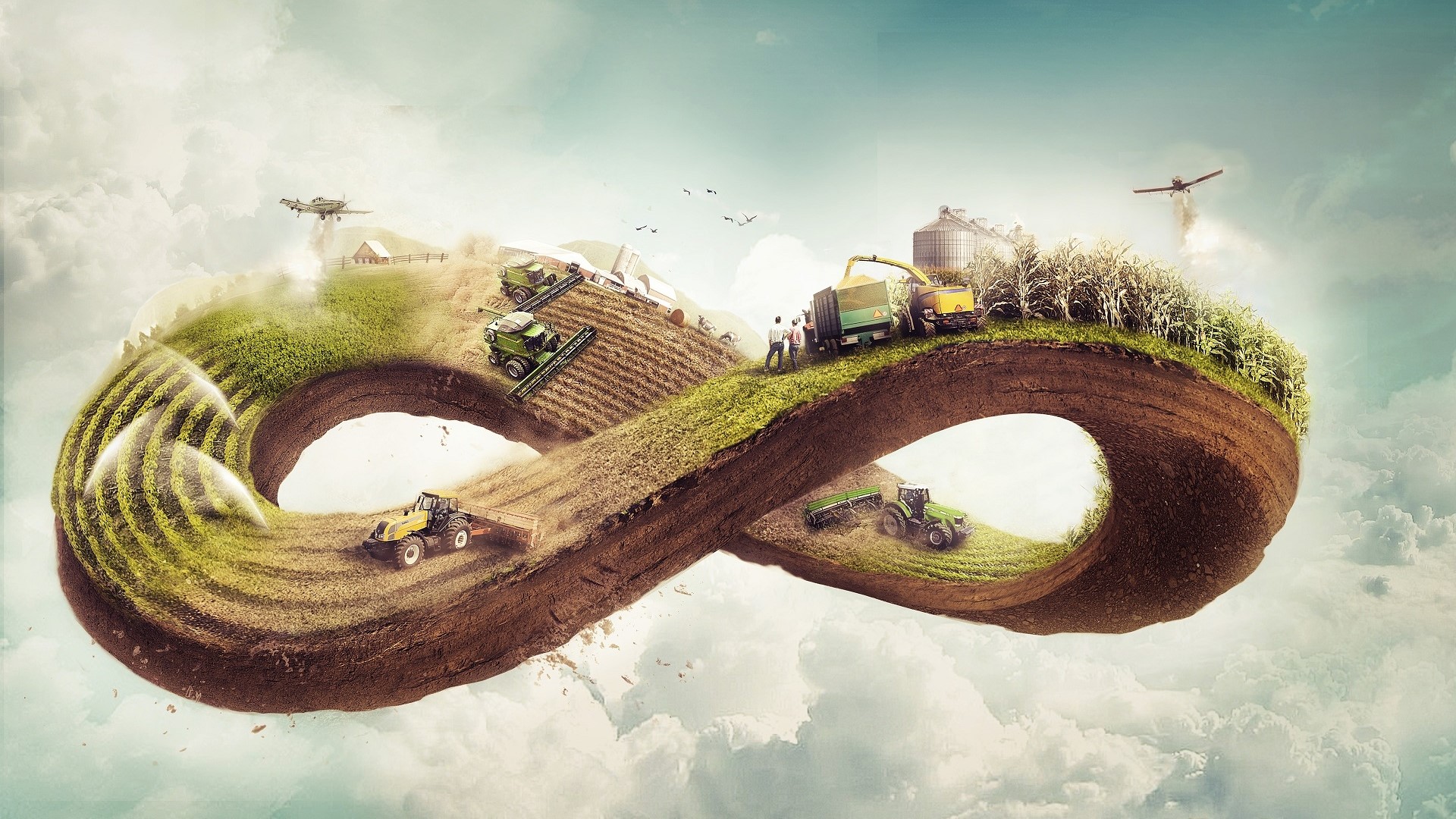 Infinity loop farm with airplanes and machinery HD Wallpaper
