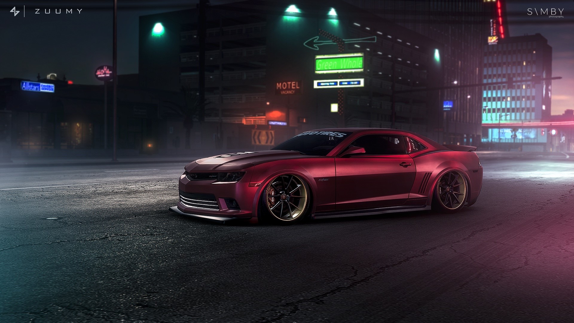 Red Chevrolet Camaro on a city street at night HD Wallpaper