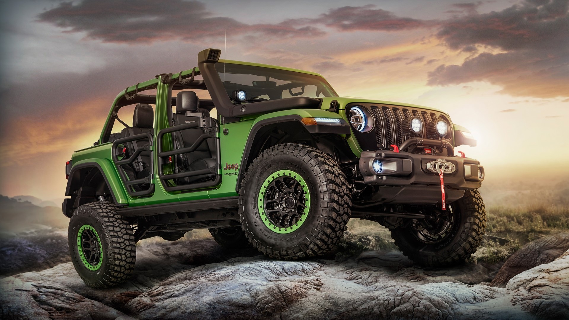 Green Jeep Wrangler Rubicon on Rocks HD Wallpaper