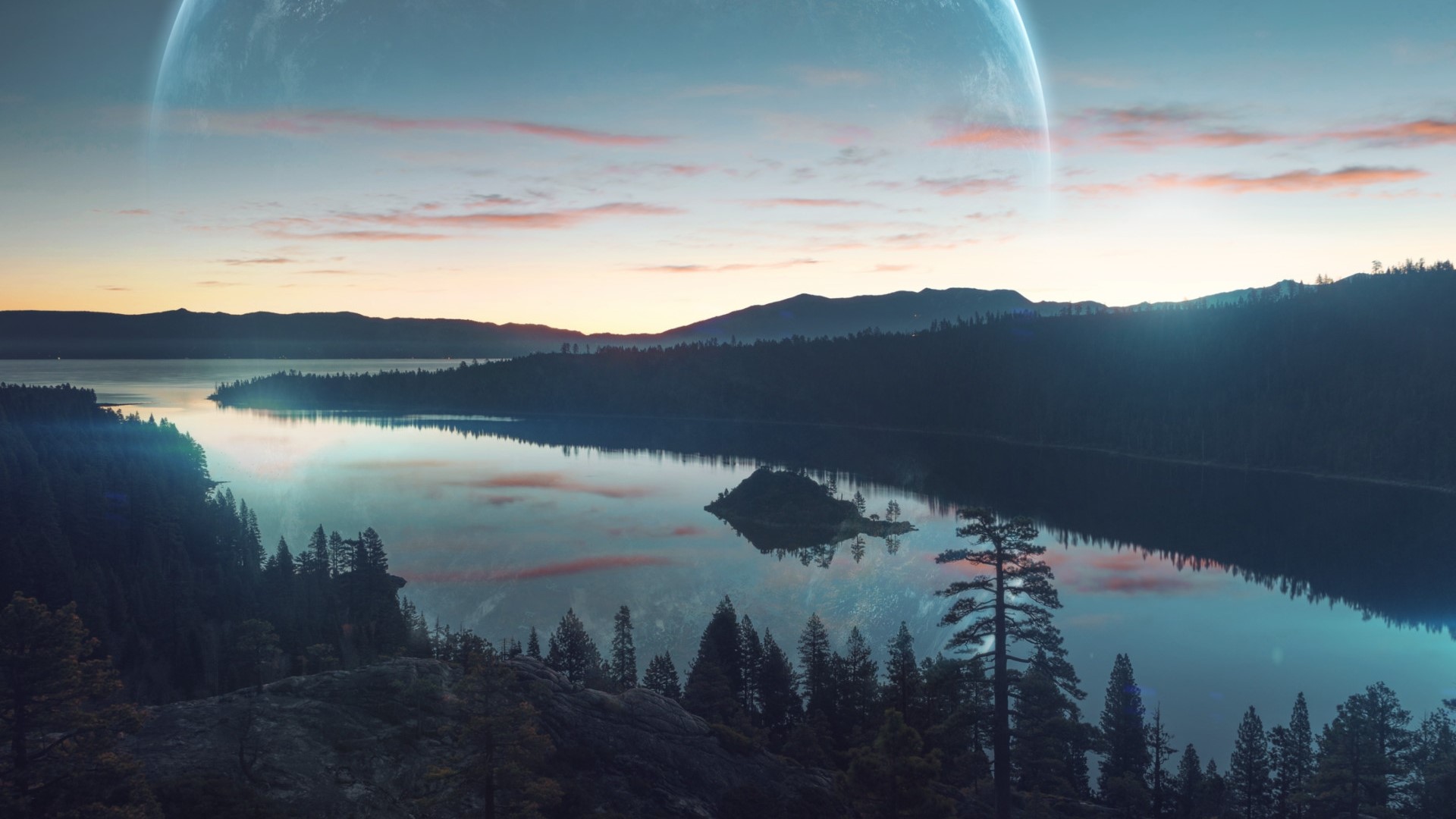 Alien Planet Landscape with Large Moon and Forest Lake HD Wallpaper
