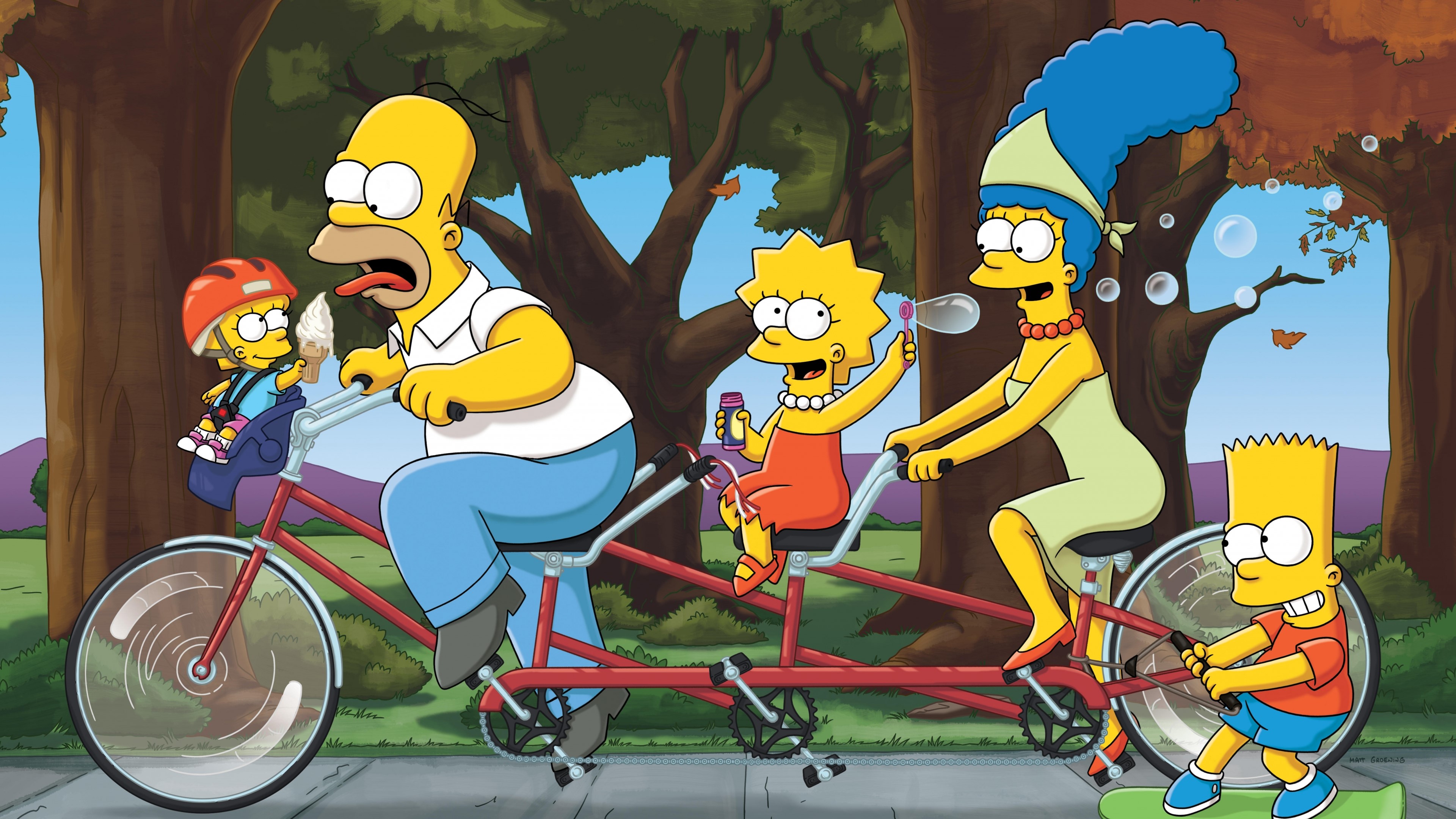 The Simpsons Family on a Tandem Bicycle HD Wallpaper