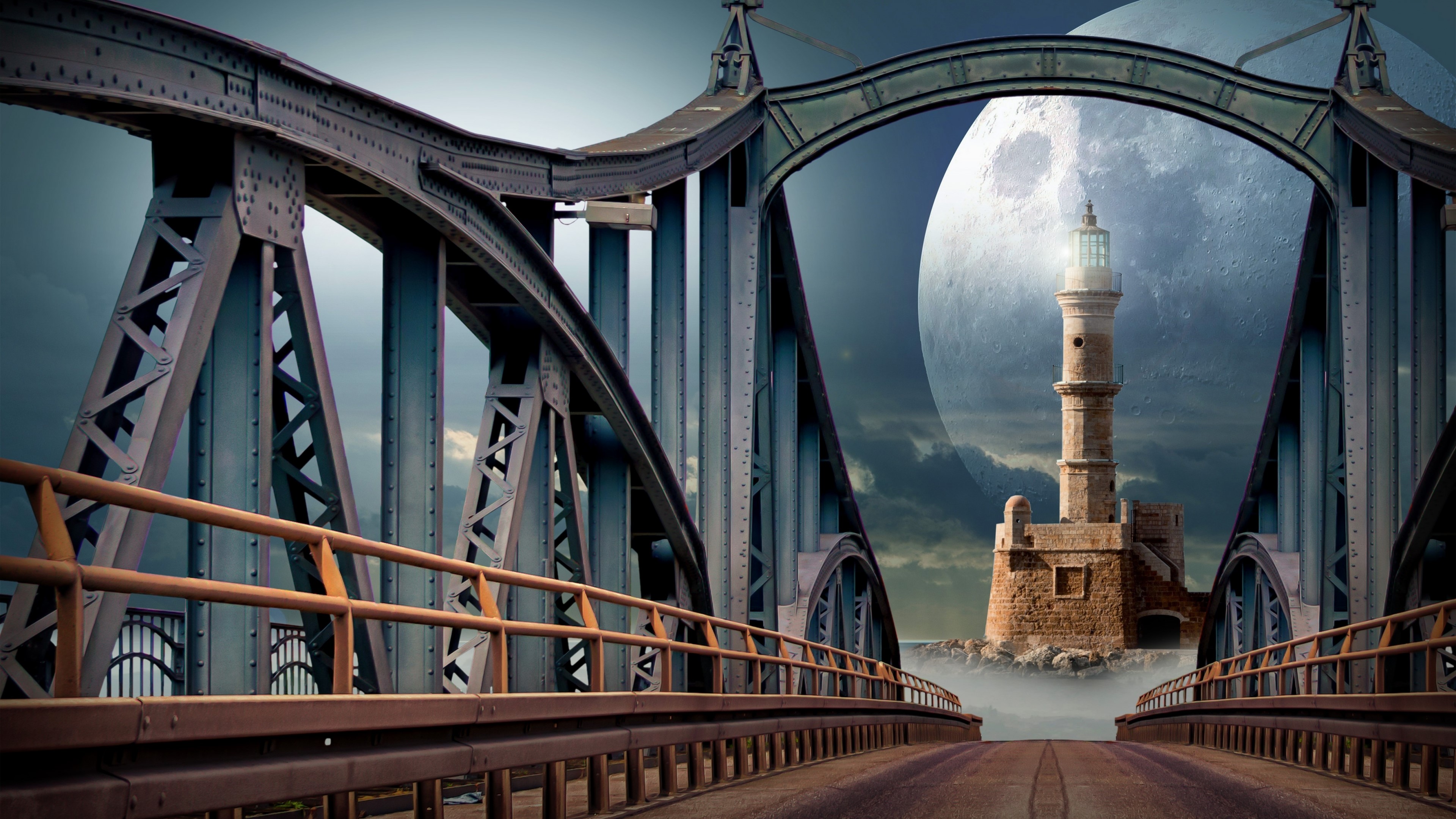 4K Bridge with Lighthouse and Moon HD Wallpaper