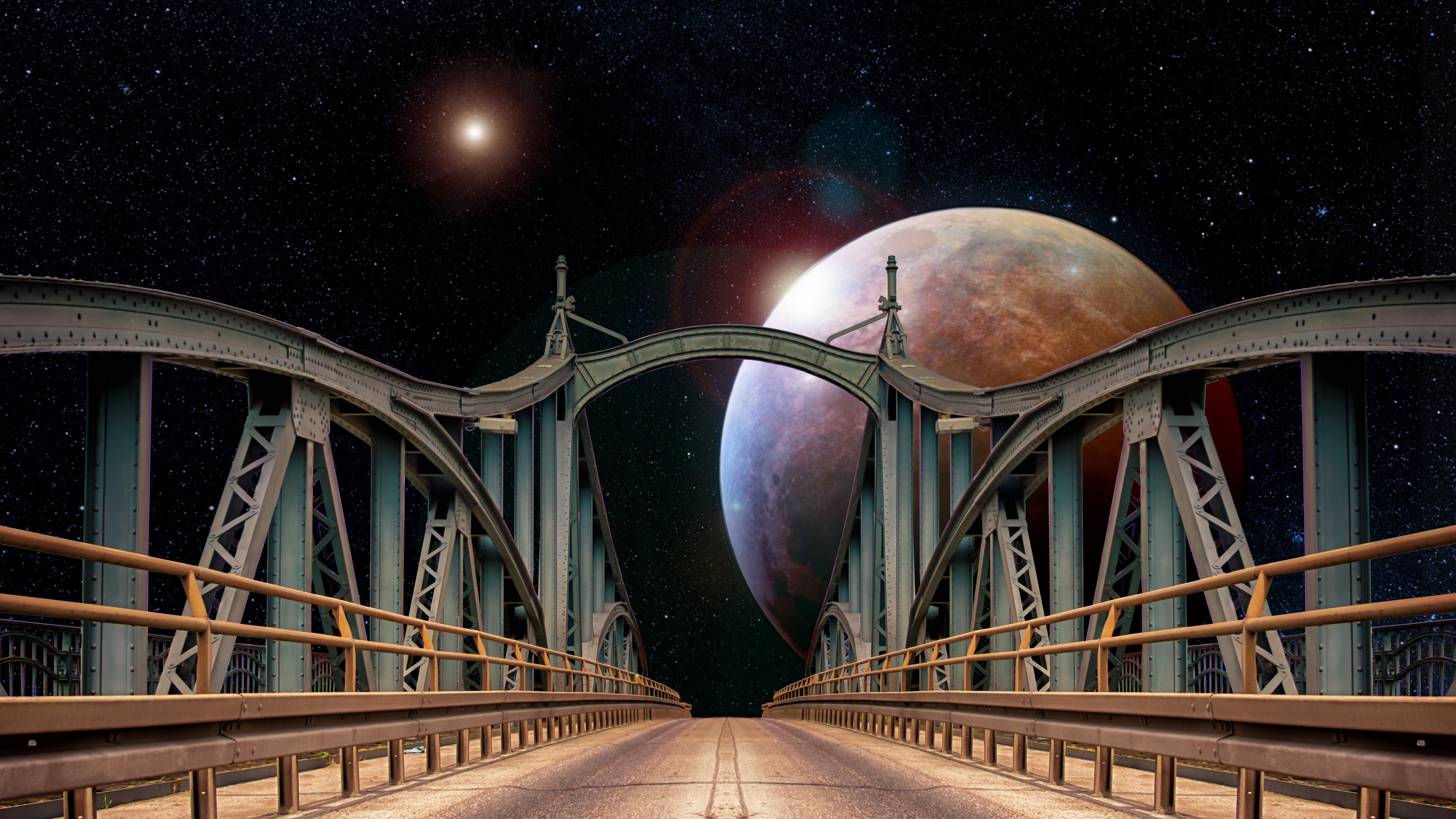 Bridge in Space with Planets HD Wallpaper
