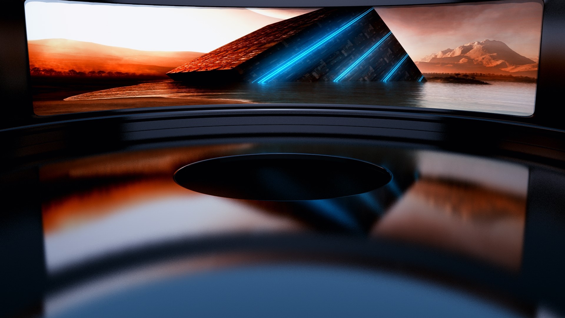 Futuristic Pyramid with Blue Lights in Water HD Wallpaper