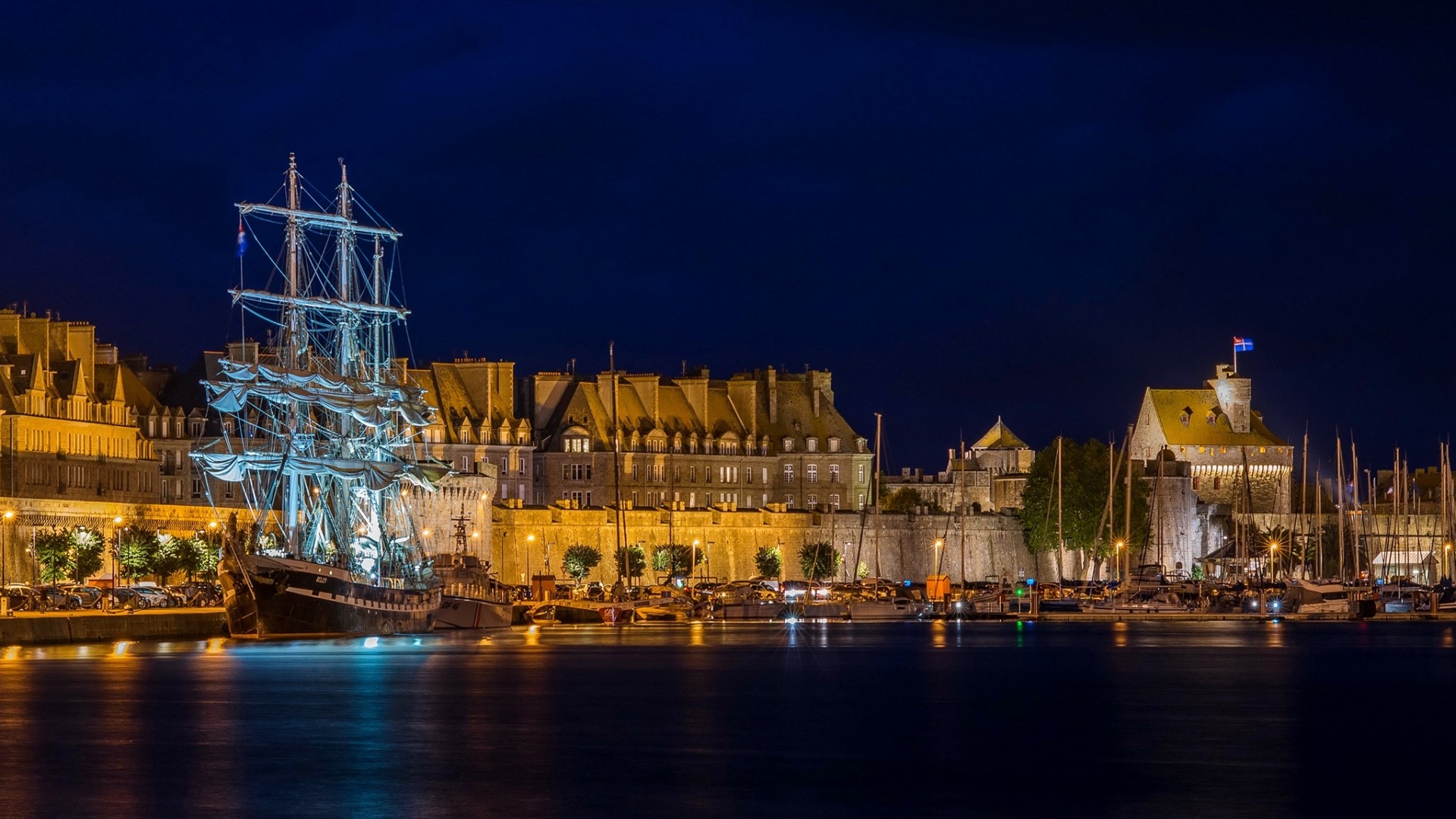 Tall ship docked in Saint-Malo at night HD Wallpaper