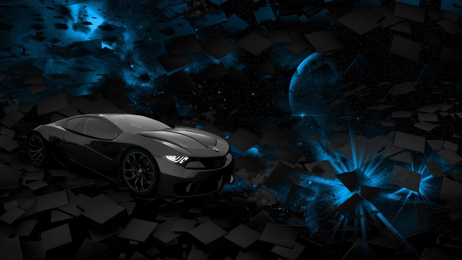 Black BMW car in abstract space with blue nebula HD Wallpaper