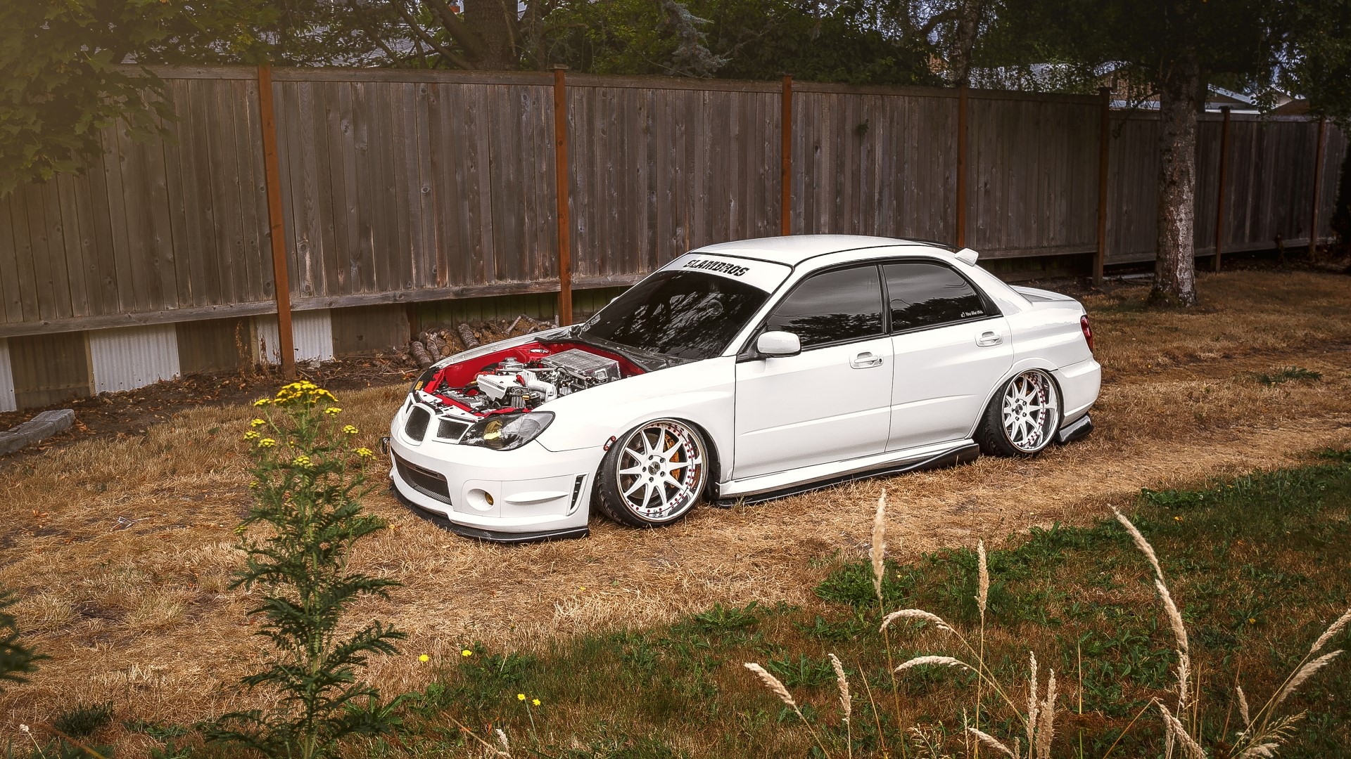 White Subaru Impreza with hood open HD Wallpaper