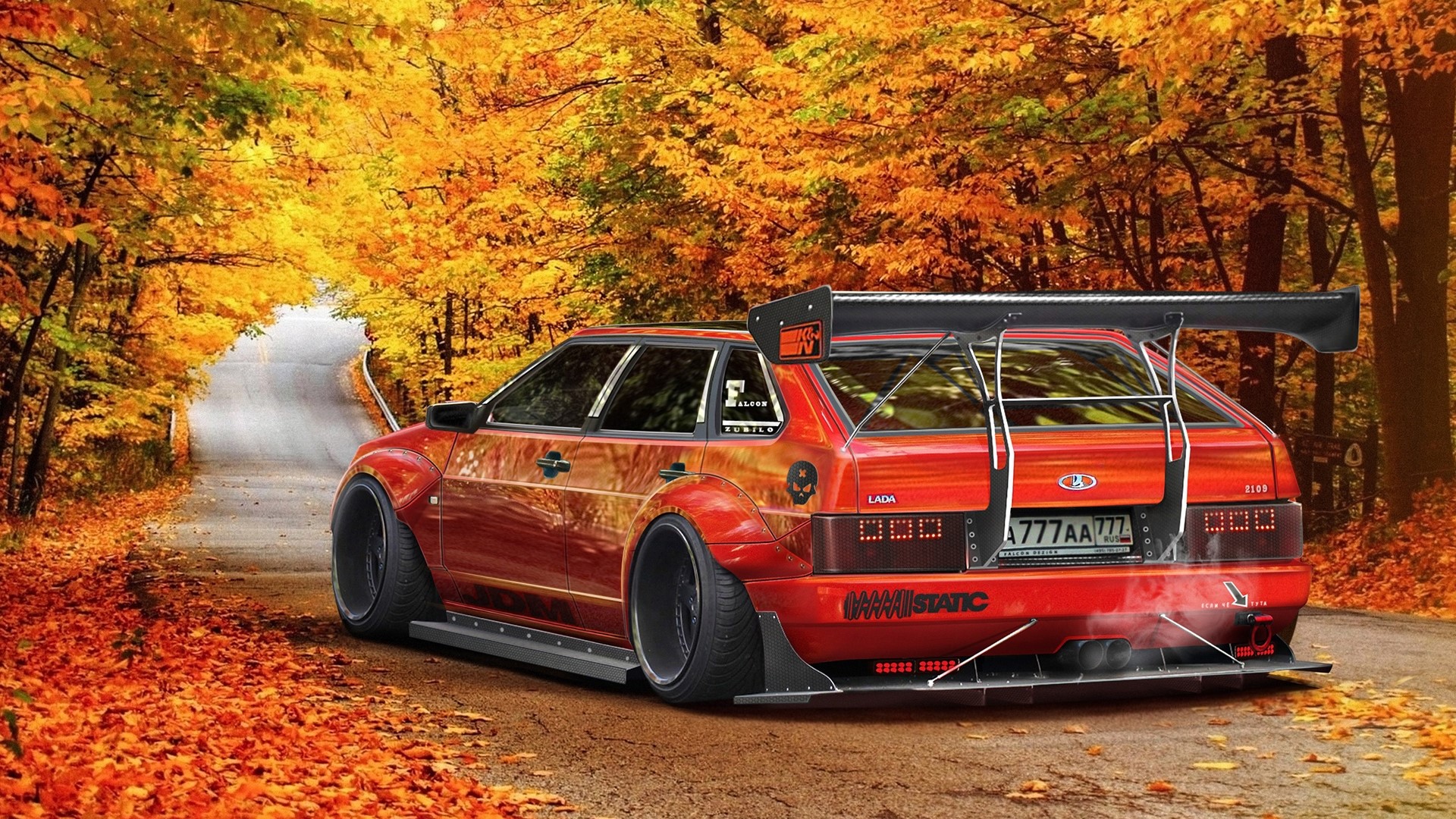 Red Lada 2109 with spoiler in autumn forest HD Wallpaper