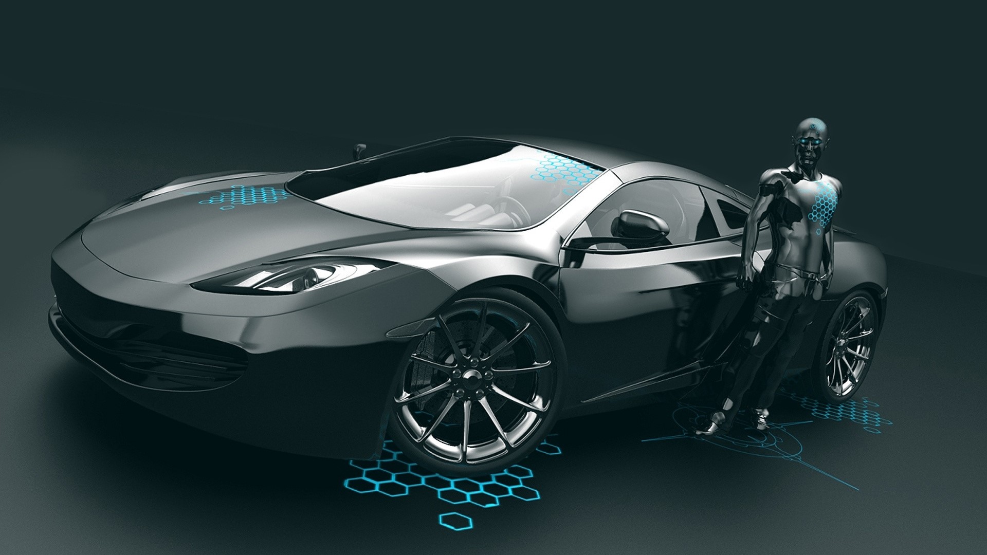 Robot leaning on a futuristic car HD Wallpaper