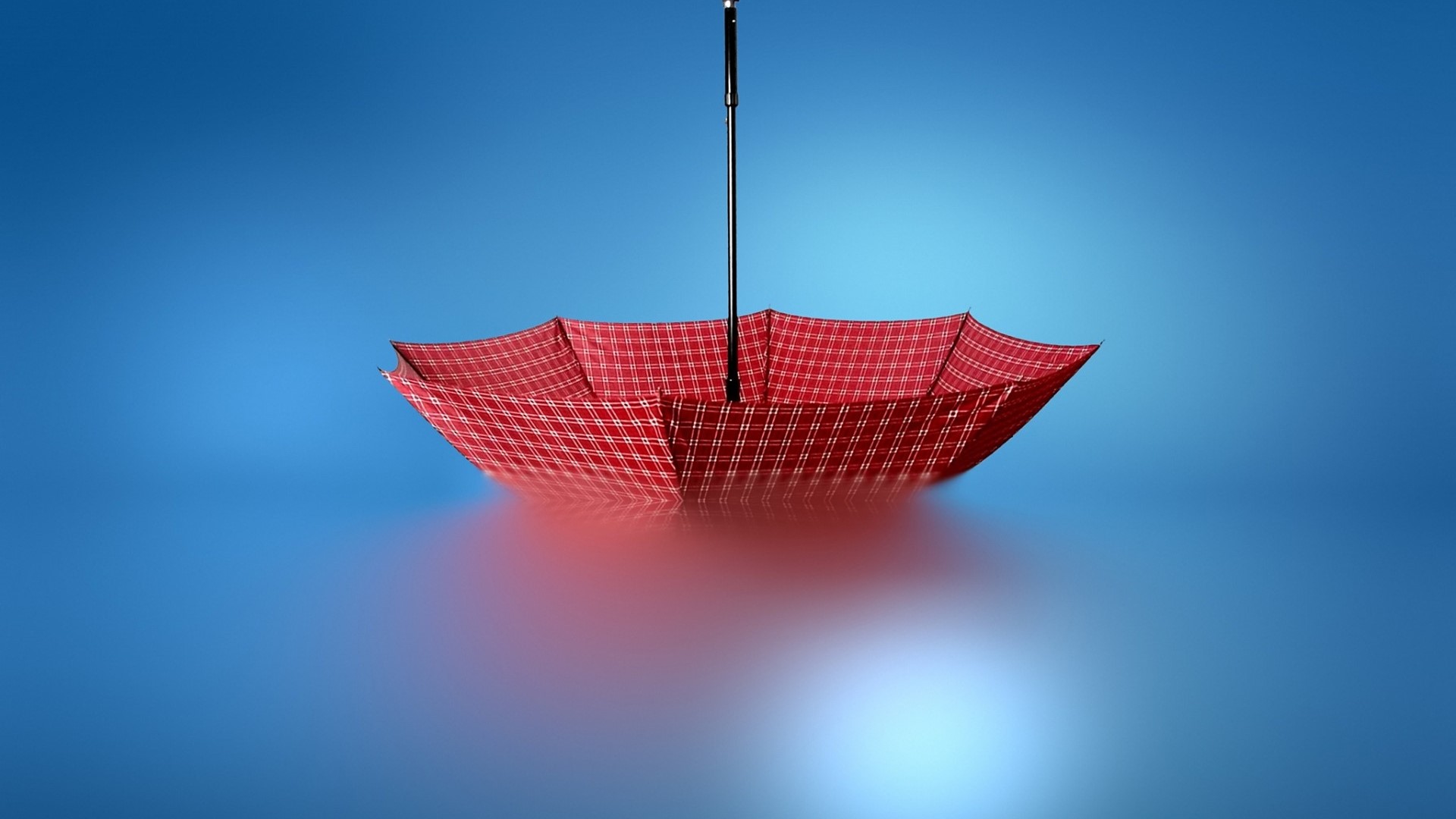 Red Plaid Umbrella Reflected on Blue Surface HD Wallpaper