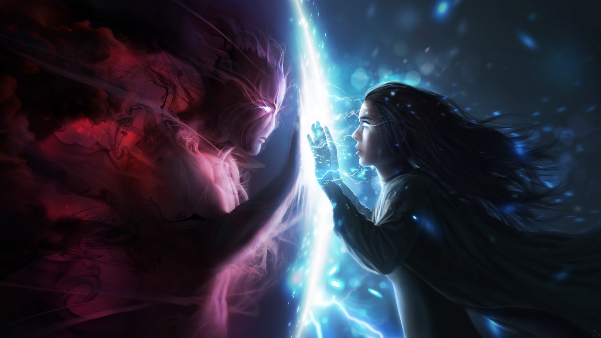 Mystic confrontation between a human and a shadowy entity HD Wallpaper