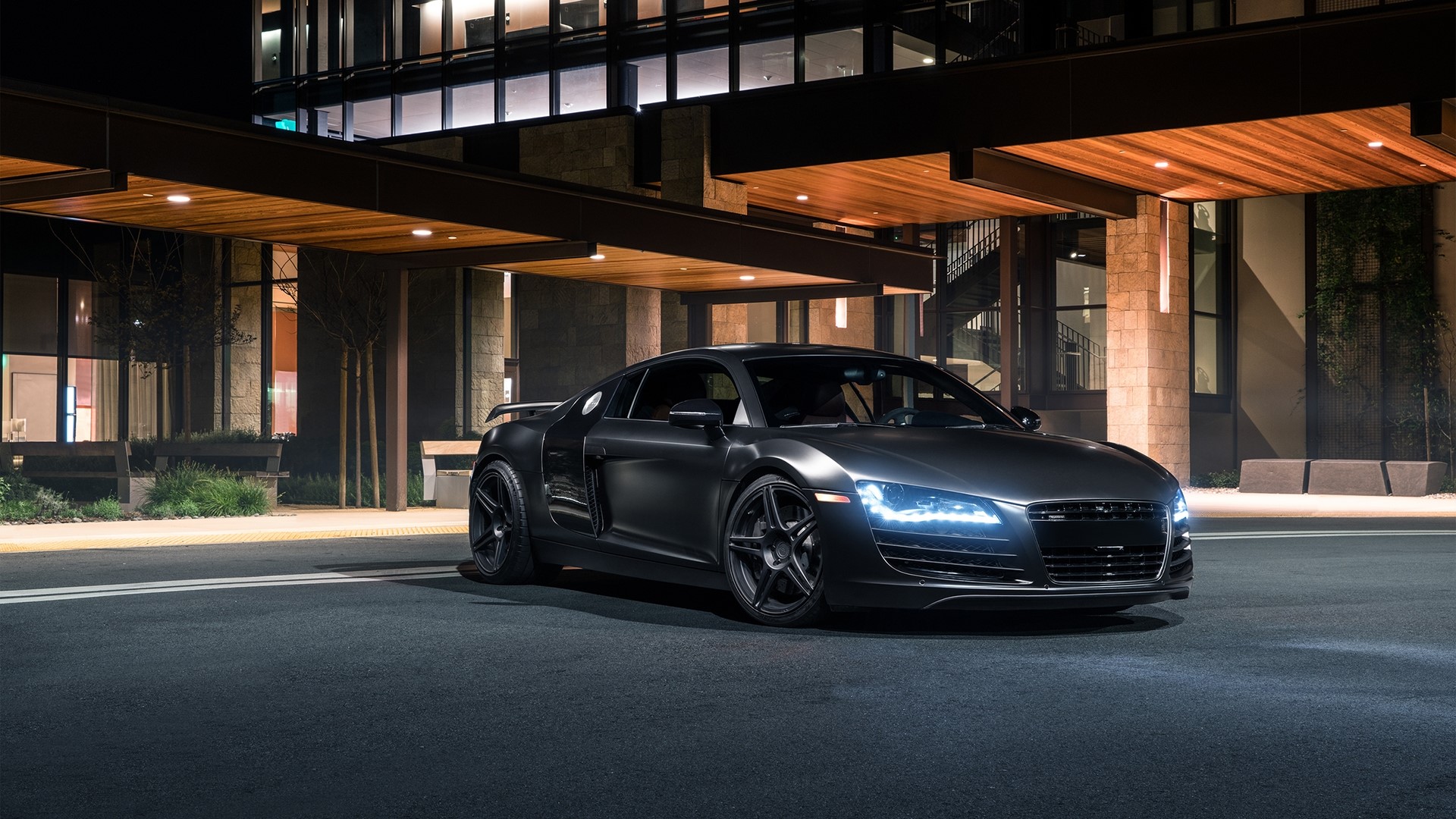 Matte black Audi R8 parked at night HD Wallpaper