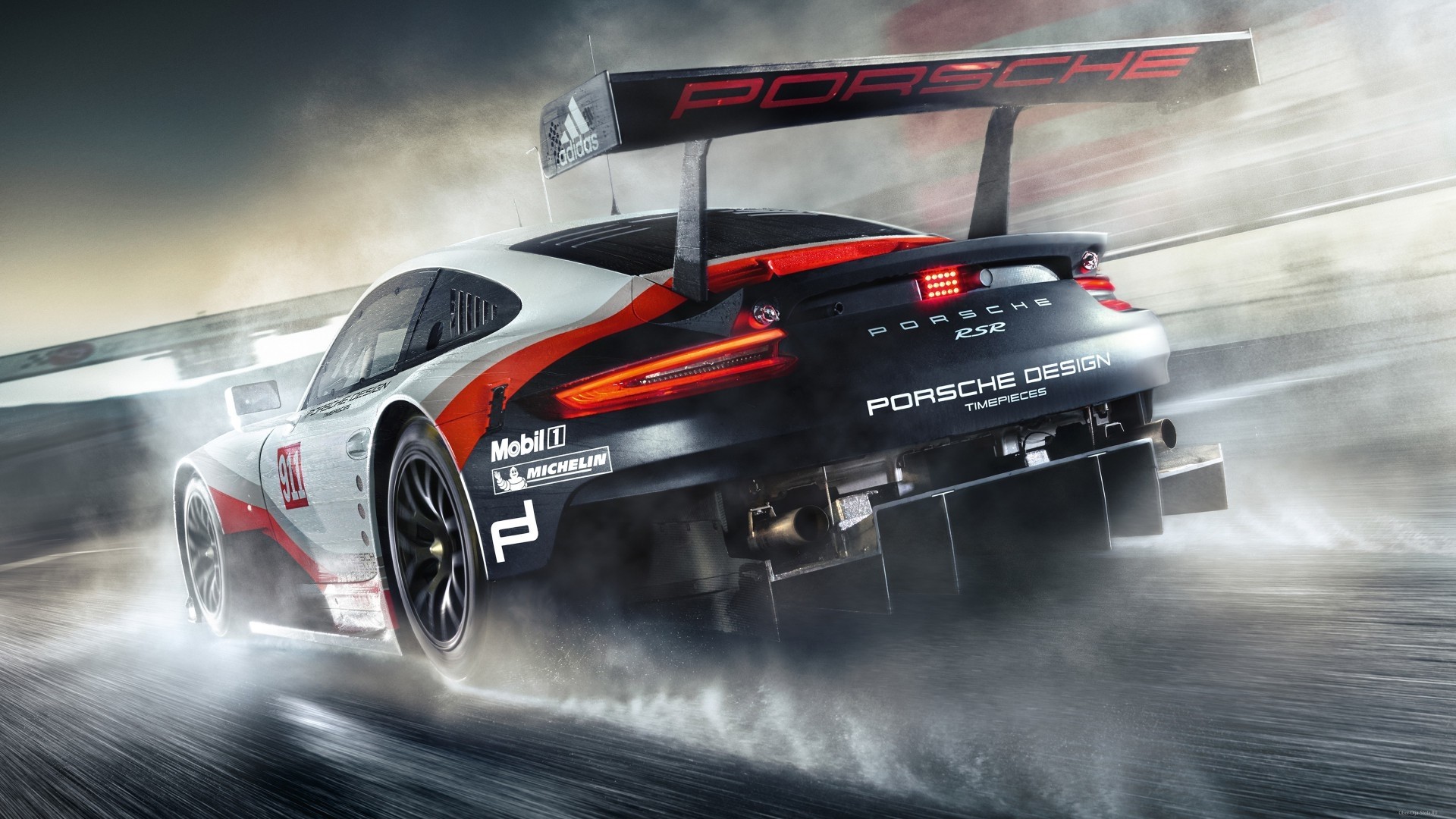 Porsche 911 RSR racing car on wet track HD Wallpaper