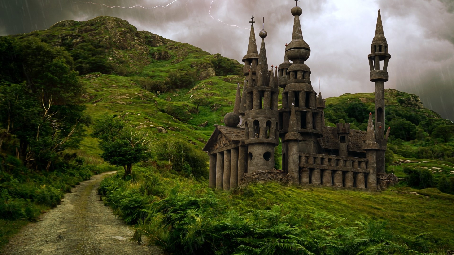 Gothic castle on a stormy hill HD Wallpaper