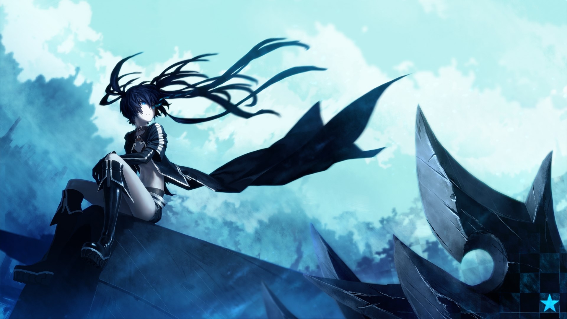 Black Rock Shooter sitting on a ledge HD Wallpaper
