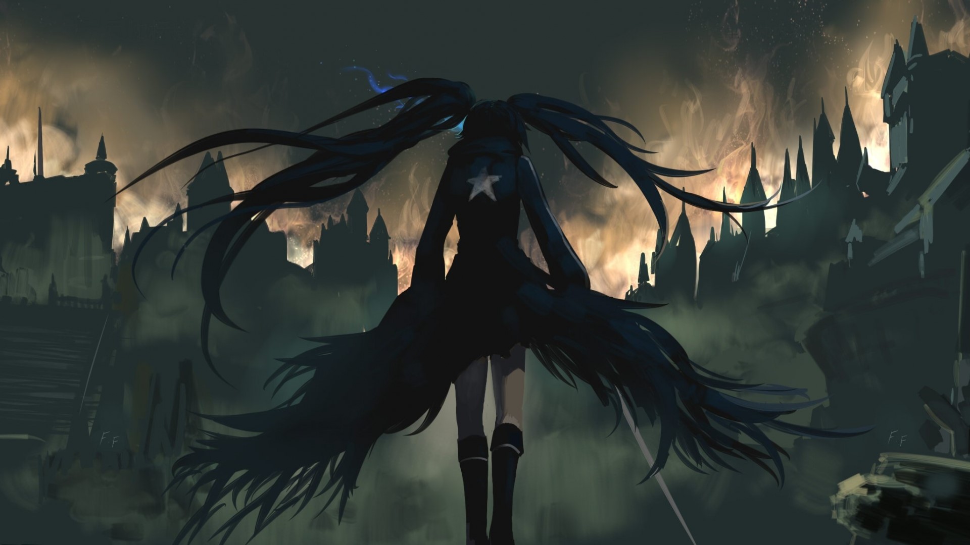 Black Rock Shooter in a dark, ruined city HD Wallpaper