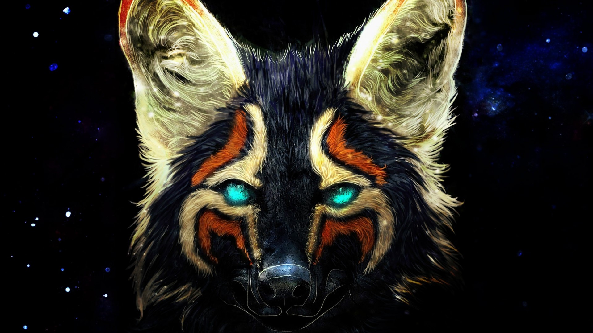 Digital art of a fox with glowing blue eyes HD Wallpaper