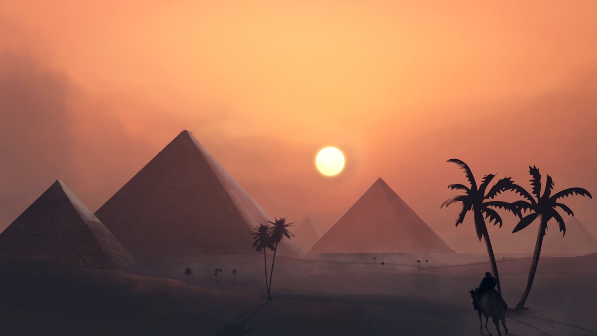 Egyptian Pyramids at Sunset with Camel Rider HD Wallpaper