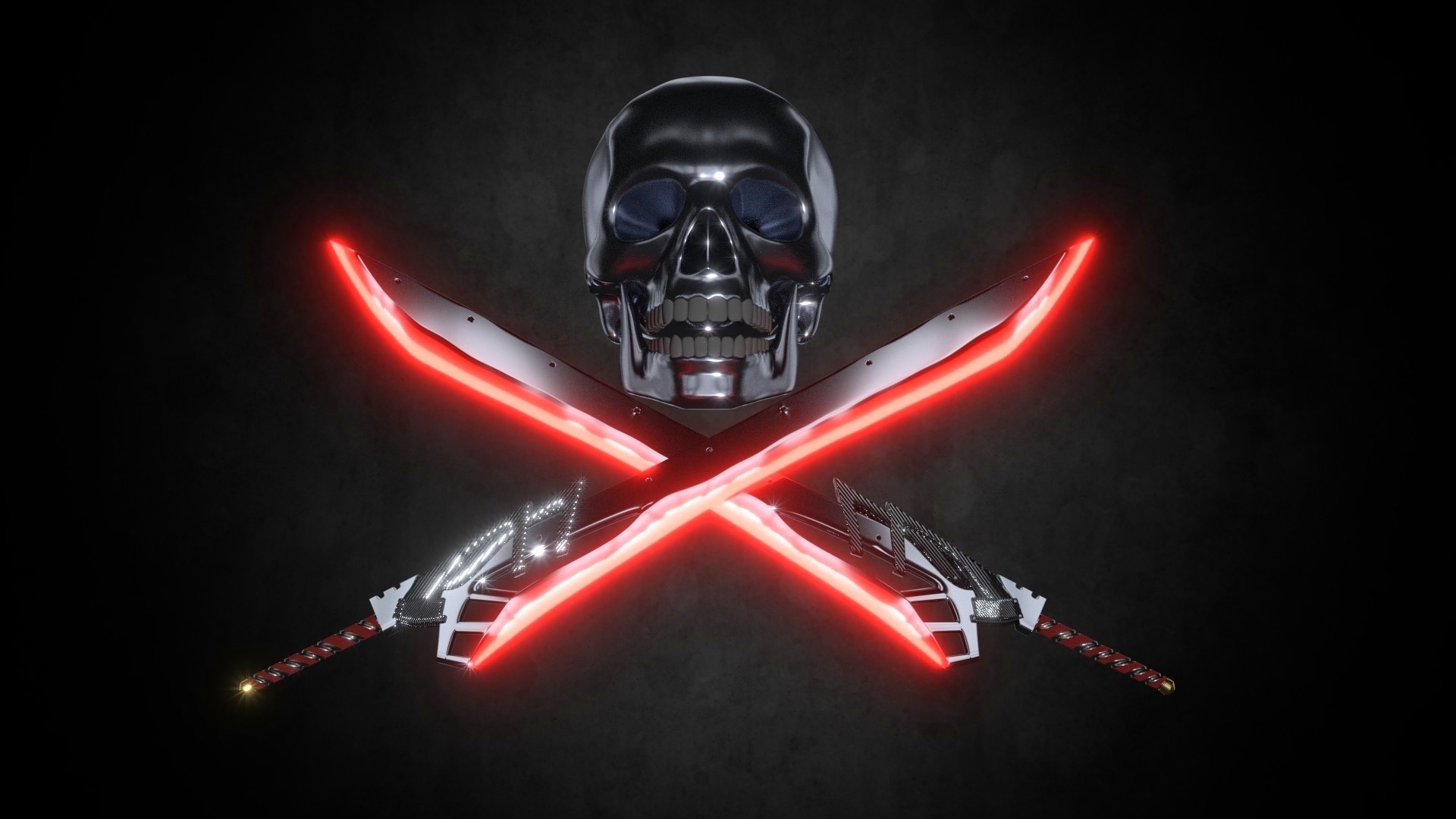 Chrome Skull with Glowing Red Swords HD Wallpaper