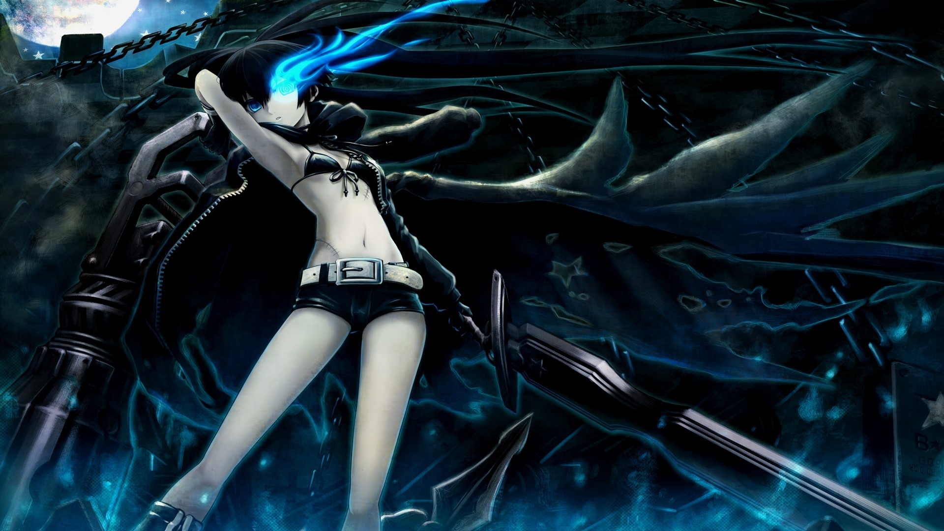 Black Rock Shooter with blue flames and sword HD Wallpaper