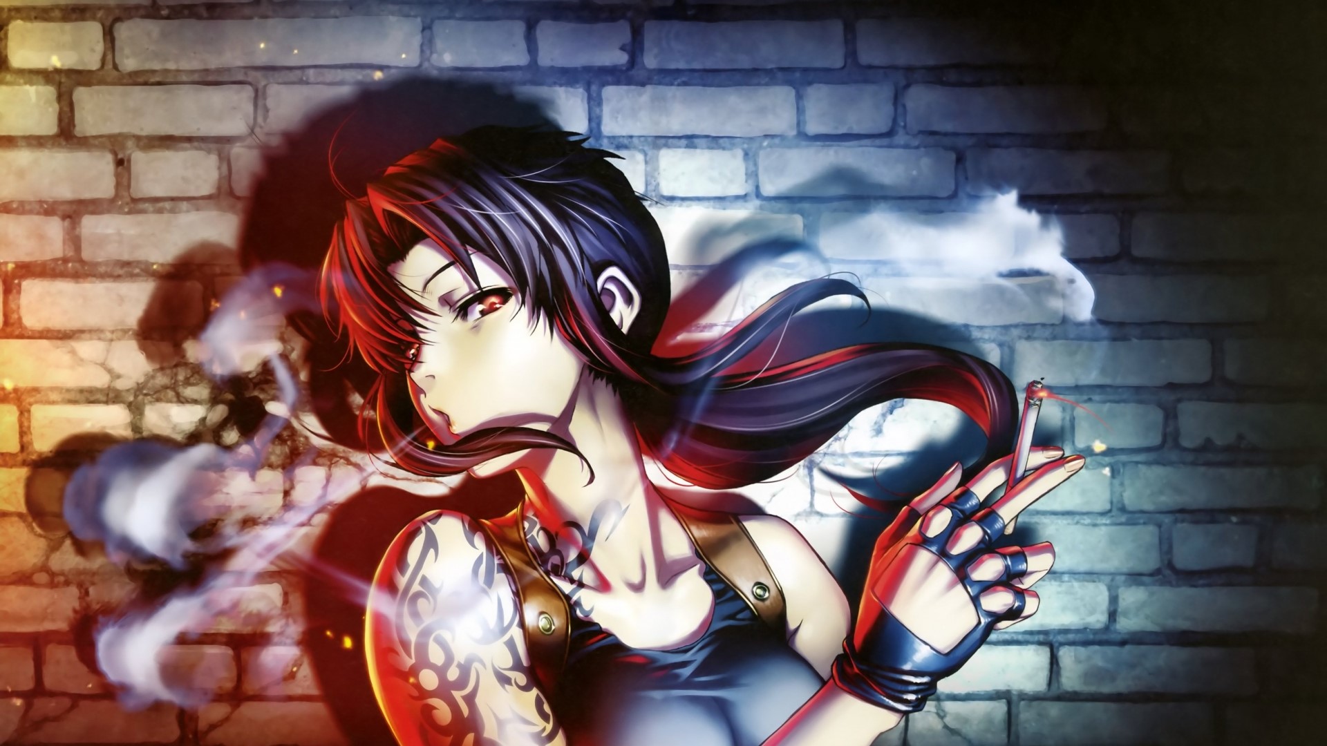 Anime girl smoking in front of brick wall HD Wallpaper