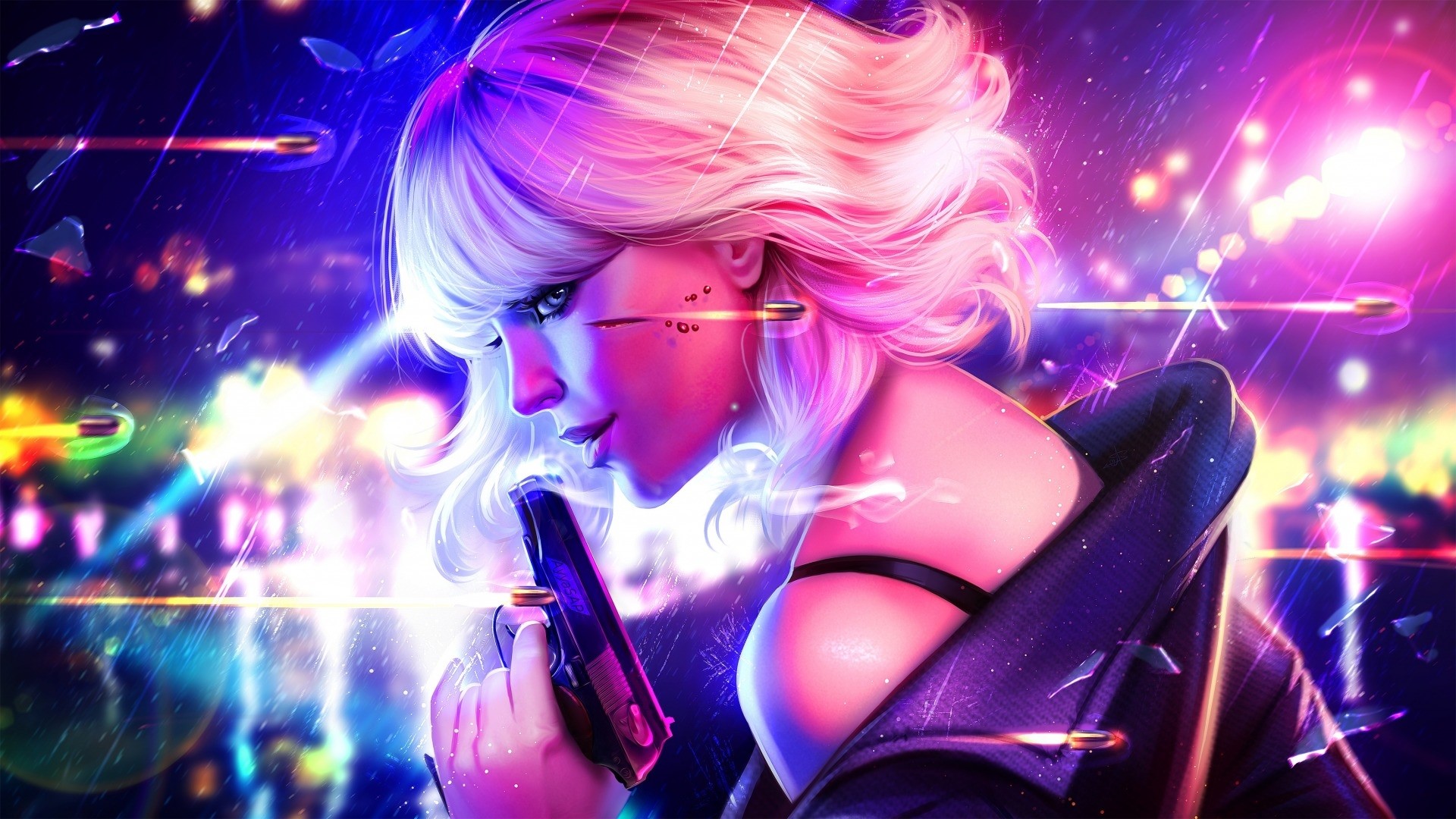 Atomic Blonde character with gun in neon city HD Wallpaper