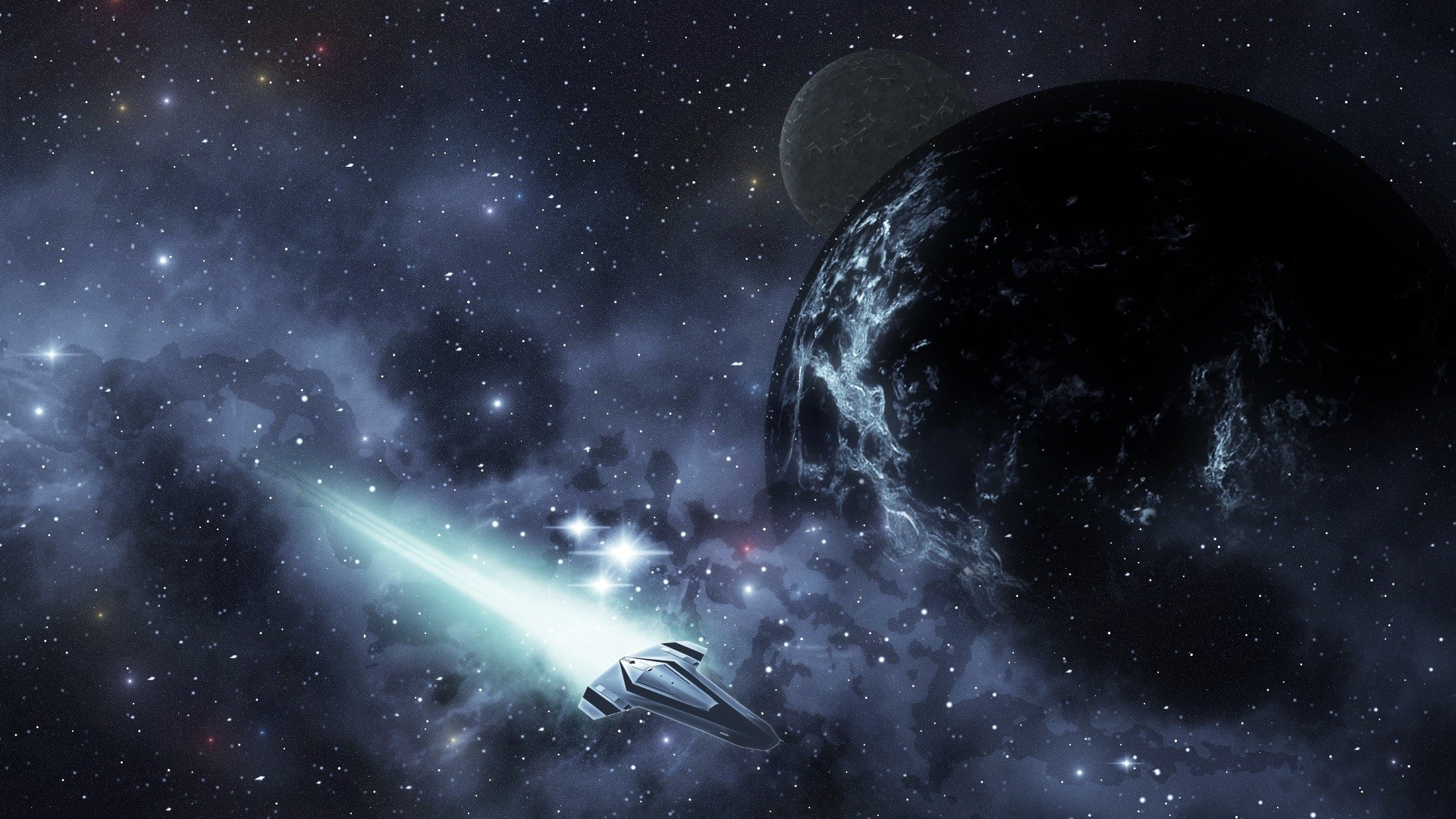 Spaceship traveling through a nebula with planets HD Wallpaper