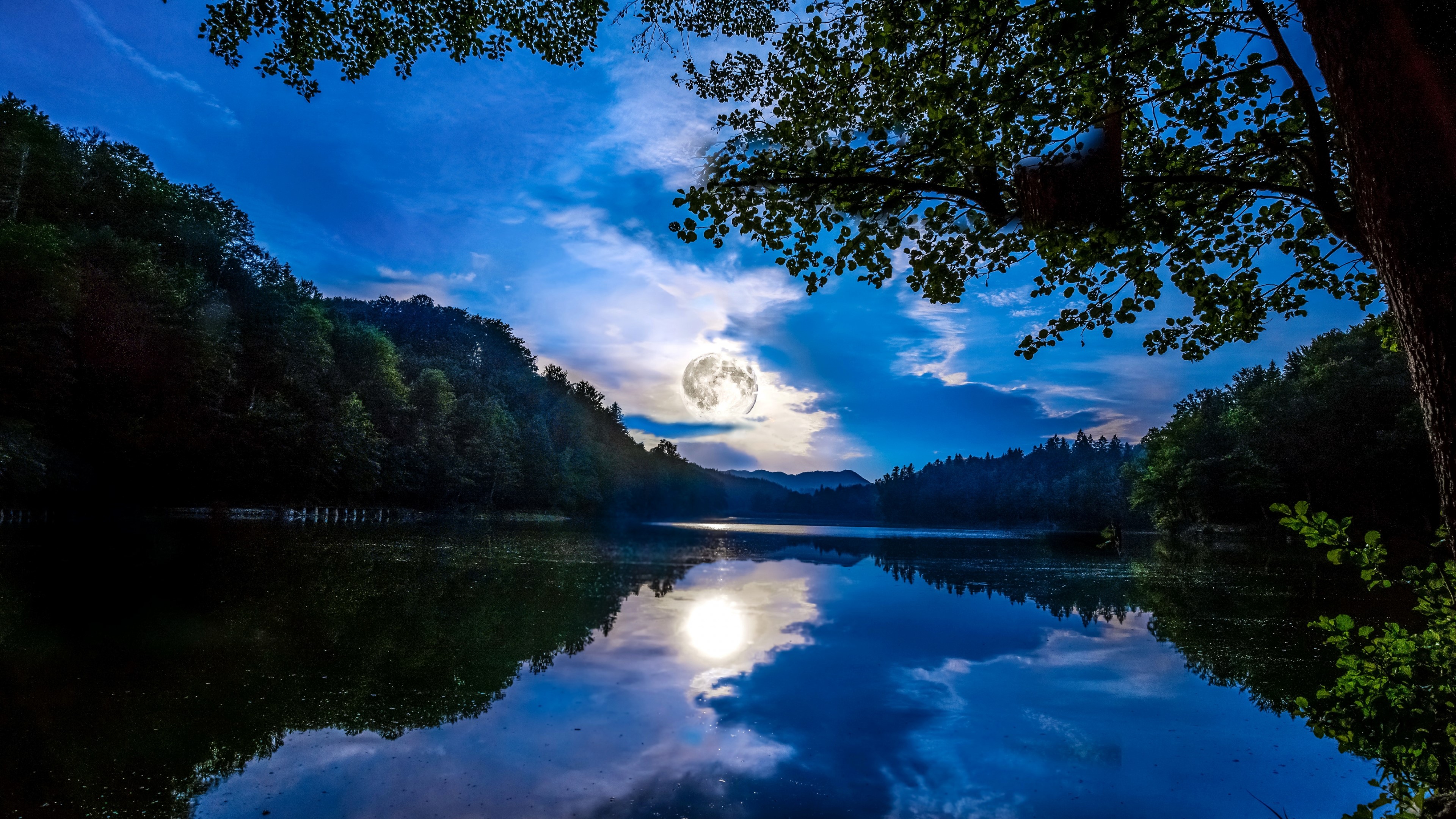 Moonlit Lake Reflection 4K HD Wallpaper