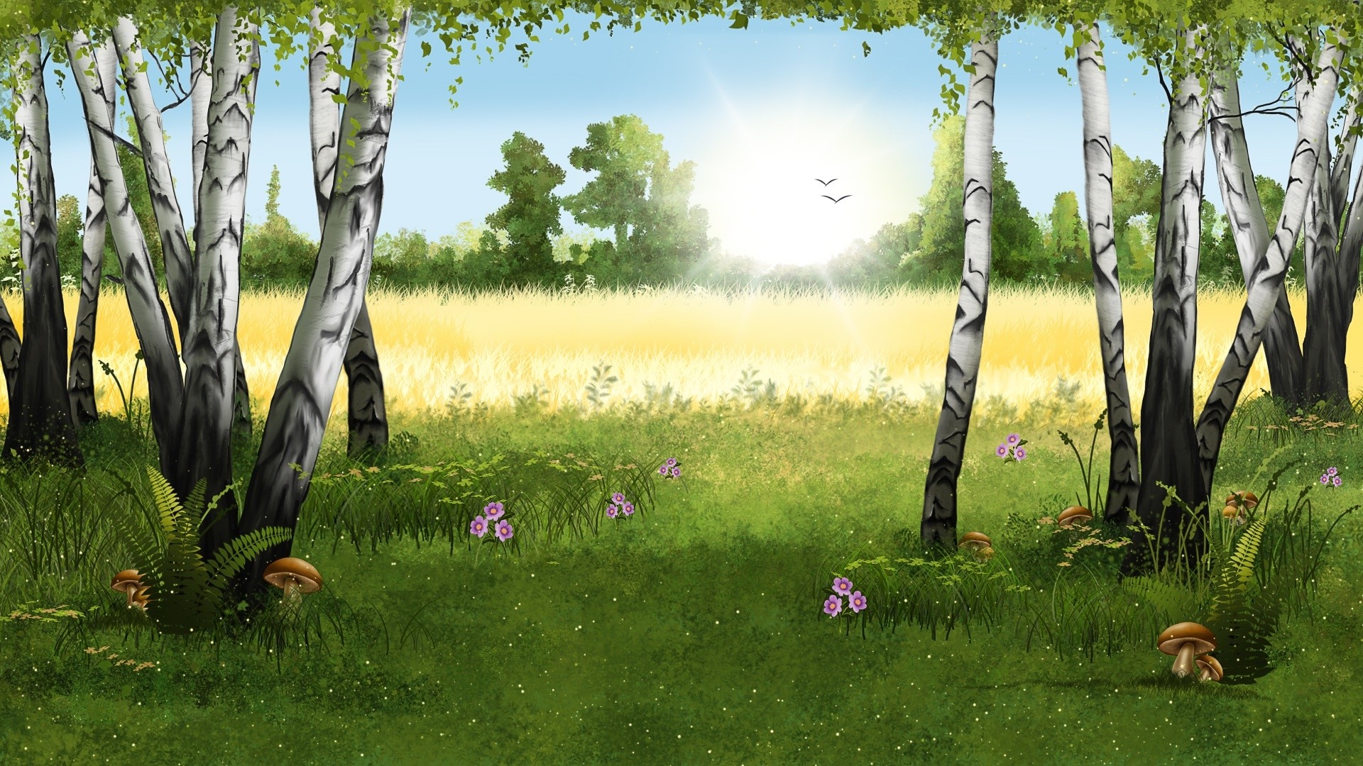 Birch trees in a sunny meadow with mushrooms HD Wallpaper