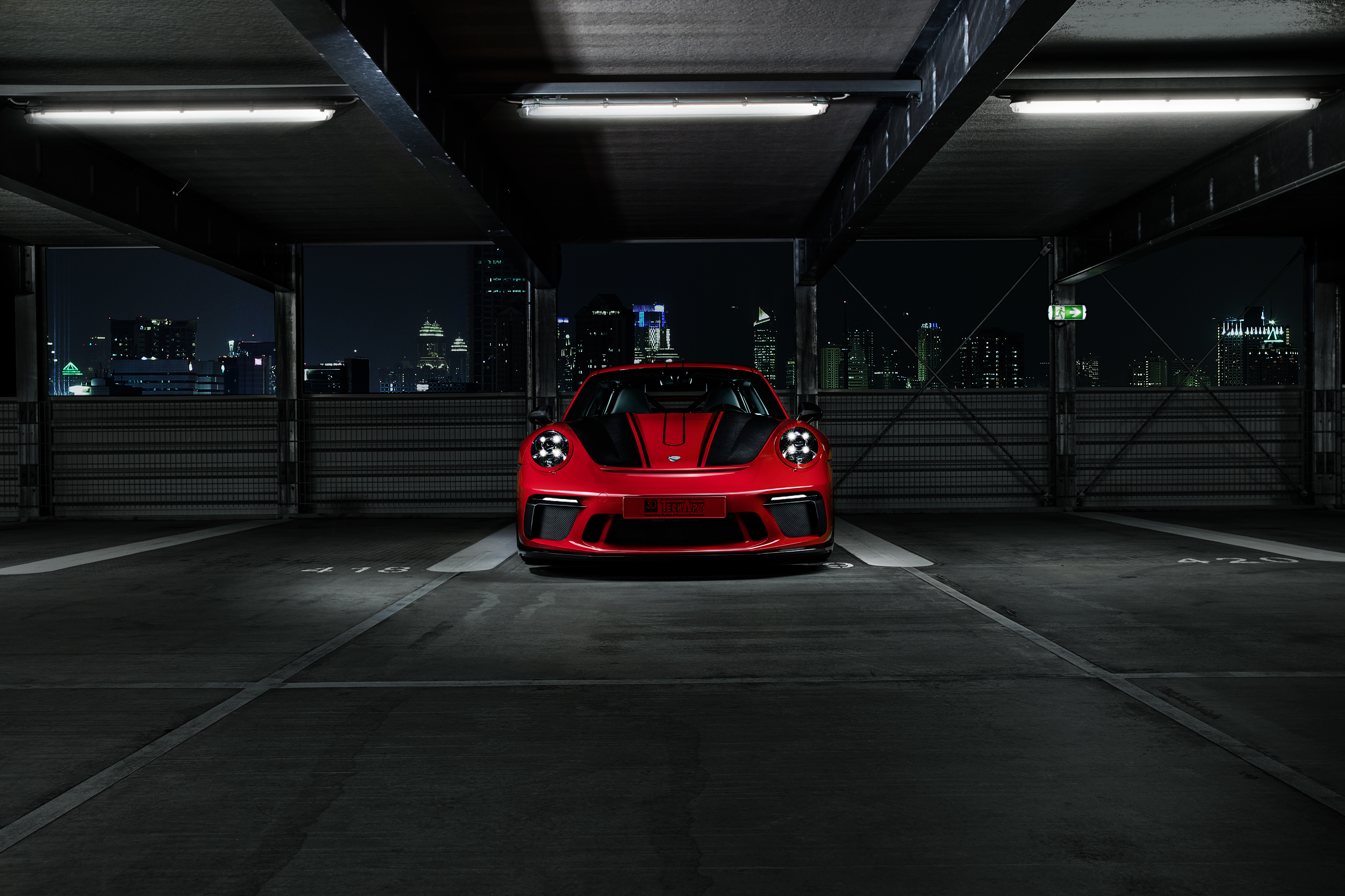 Red Porsche 911 GT3 by TechArt in Parking Garage HD Wallpaper