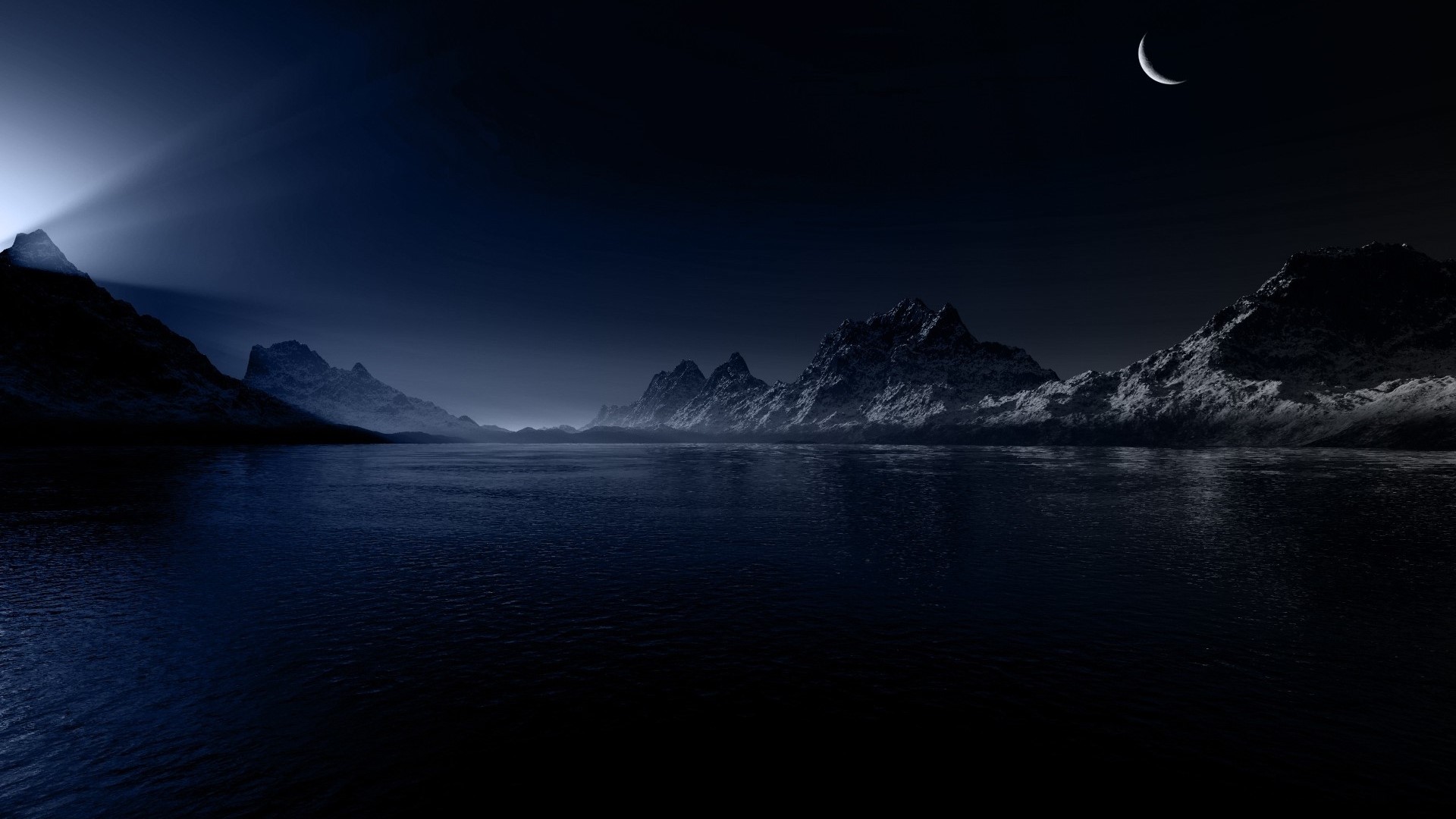 Night landscape with mountains and crescent moon HD Wallpaper