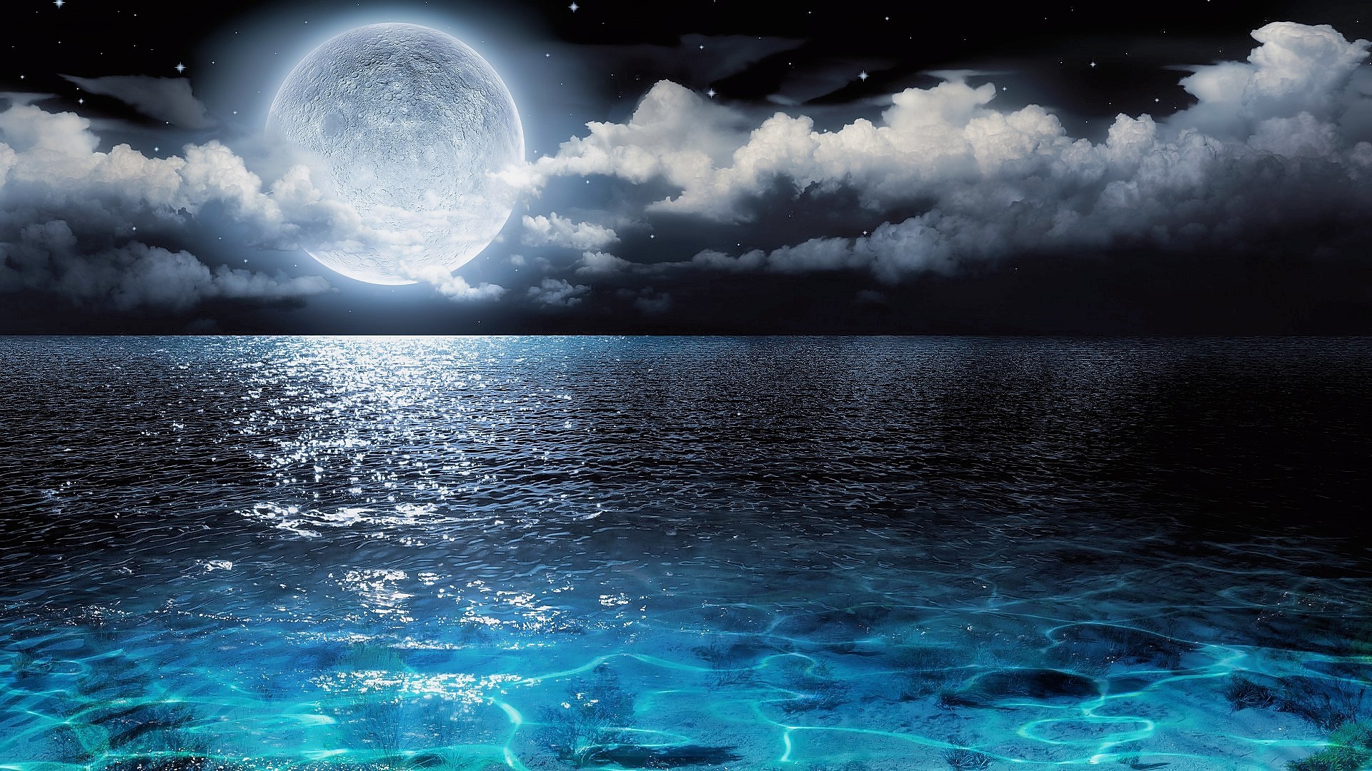 Luna Over Ocean at Night HD Wallpaper