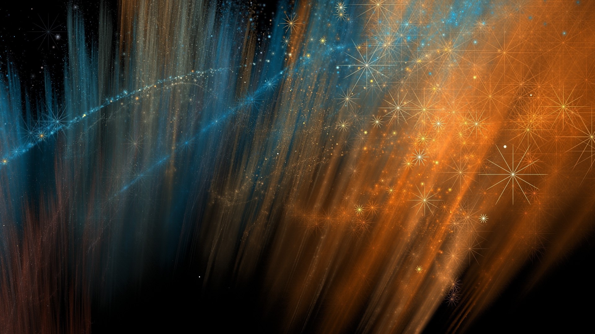 Abstract fractal art with blue and orange streaks and stars HD Wallpaper