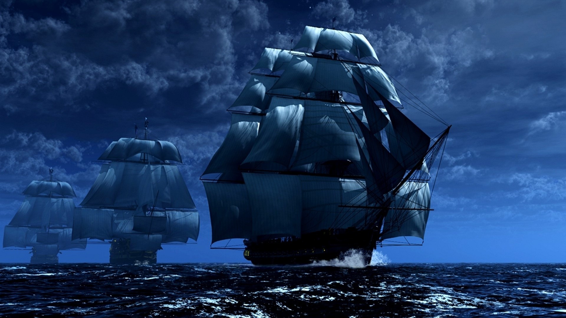 Three tall ships sailing at night HD Wallpaper