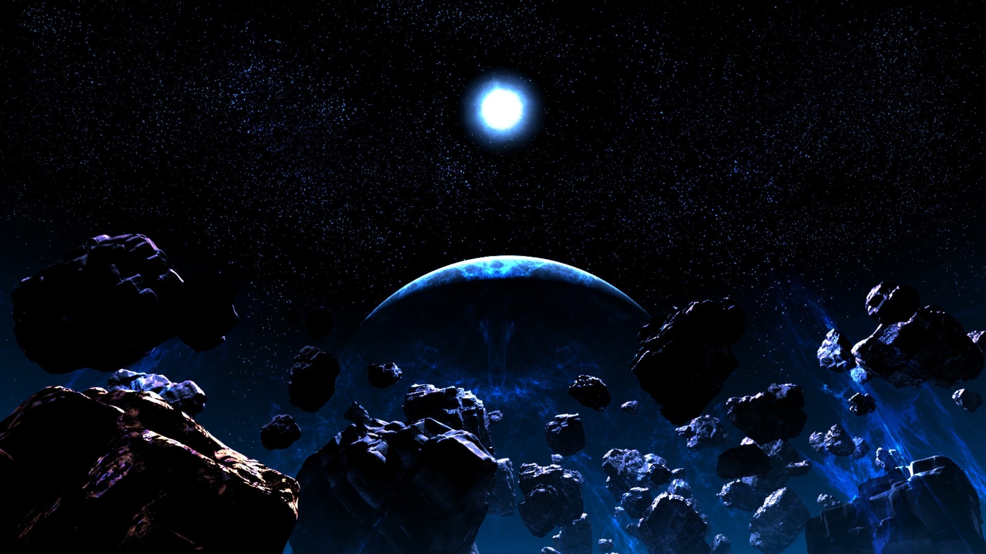 Asteroids in deep space with a planet and sun HD Wallpaper