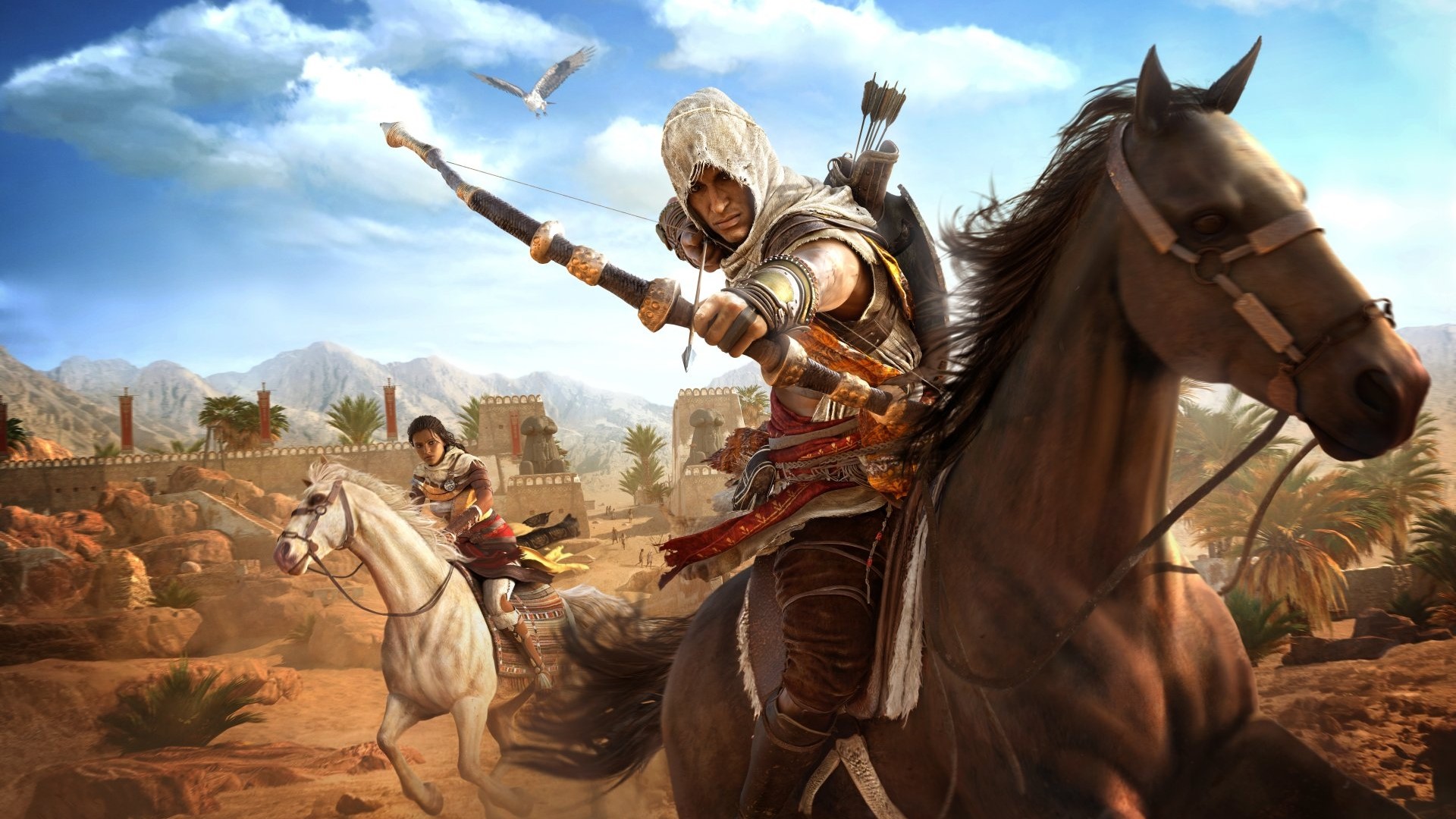 Bayek from Assassins Creed Origins riding a horse HD Wallpaper