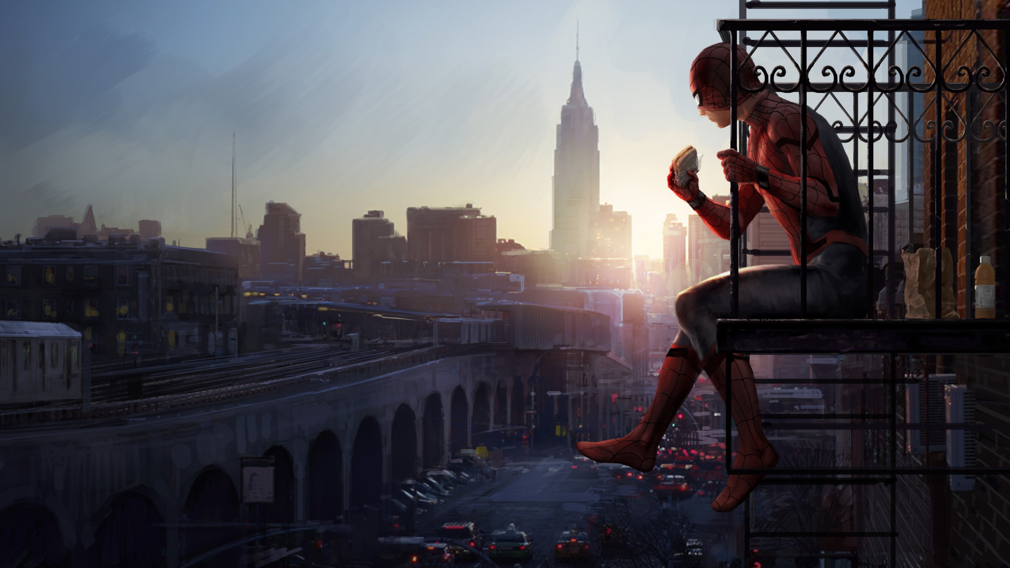 Spider-Man eating a sandwich on a balcony in New York City HD Wallpaper