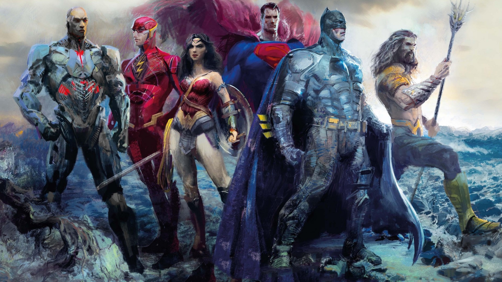 Justice League characters Cyborg, Flash, Wonder Woman, Superman, Batman, and Aquaman HD Wallpaper