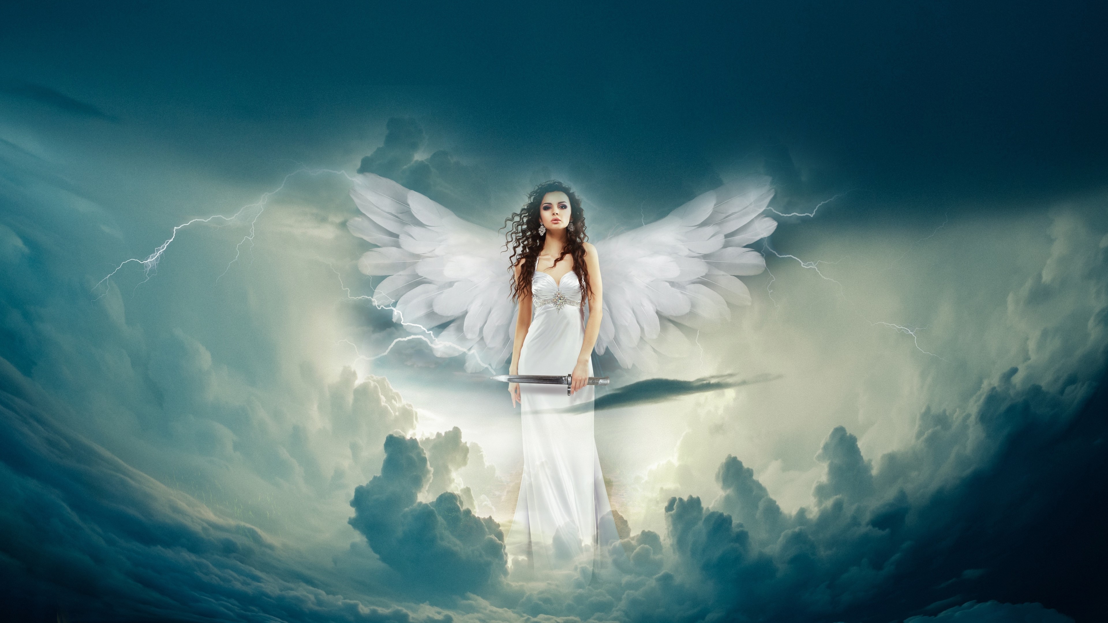 4K Angel with Sword in Stormy Sky HD Wallpaper
