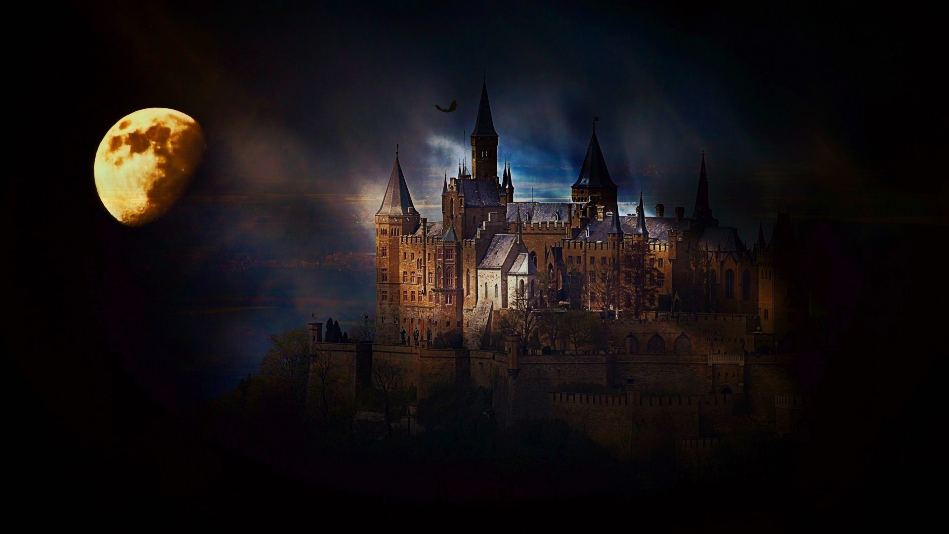 Hohenzollern Castle at night with a full moon HD Wallpaper