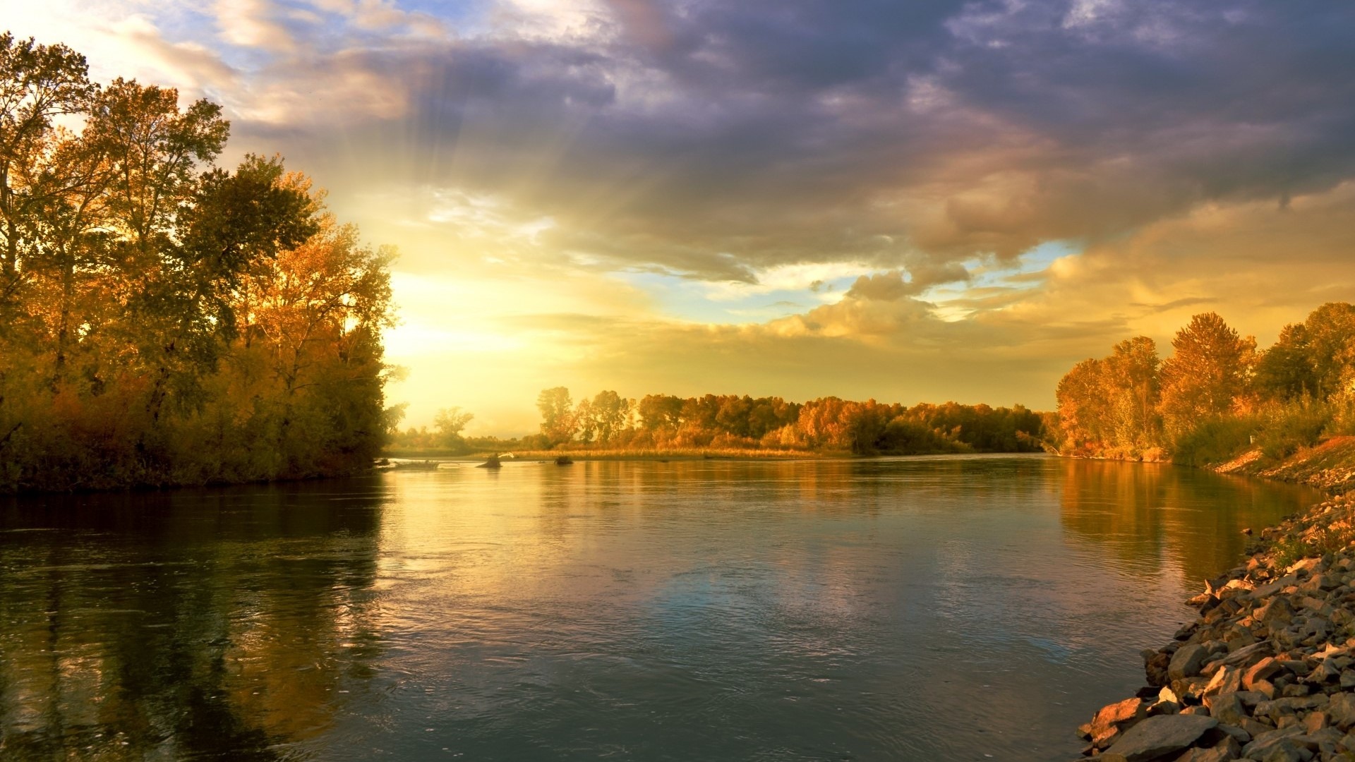 River during sunset with fall foliage HD Wallpaper