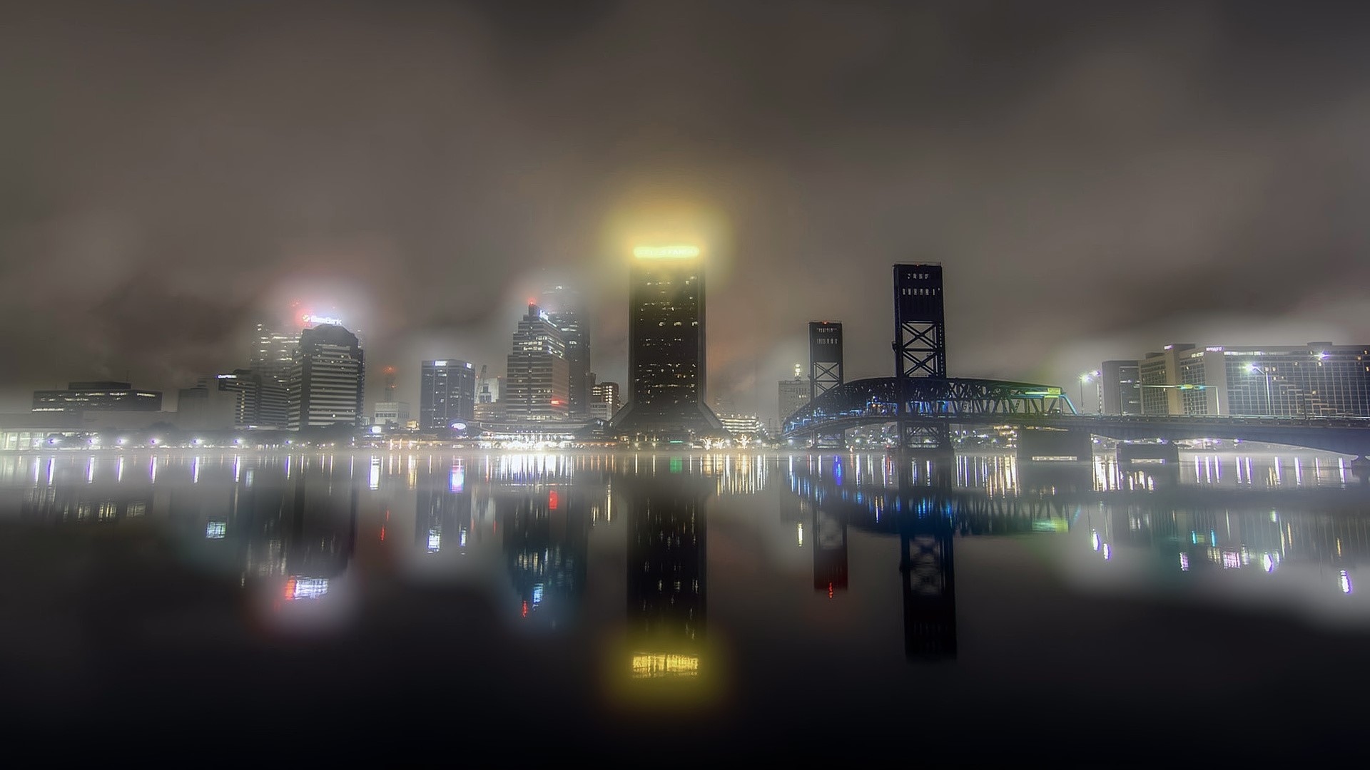 Jacksonville skyline at night with fog and reflections HD Wallpaper