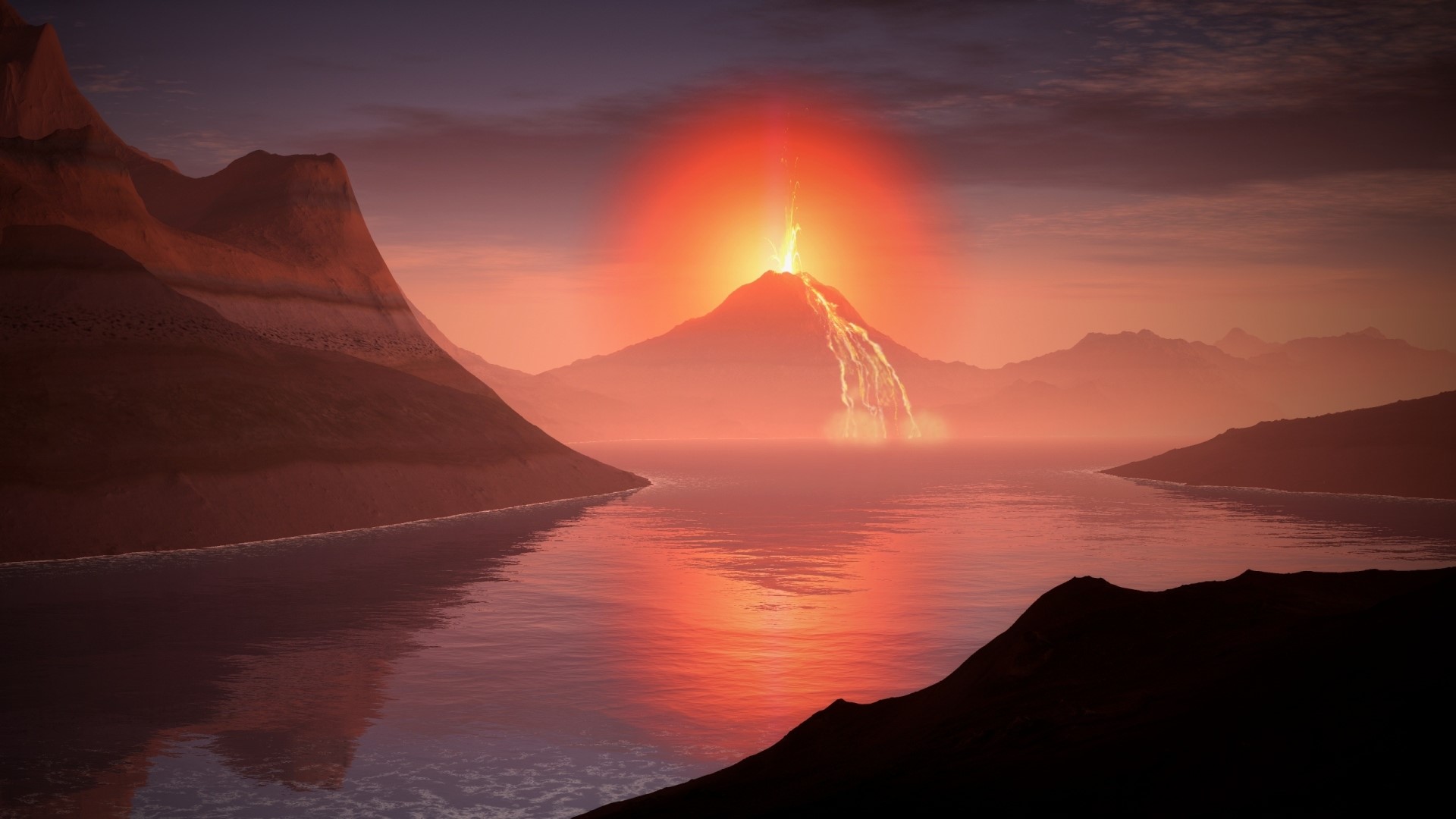Volcano erupting into the sea at sunset HD Wallpaper